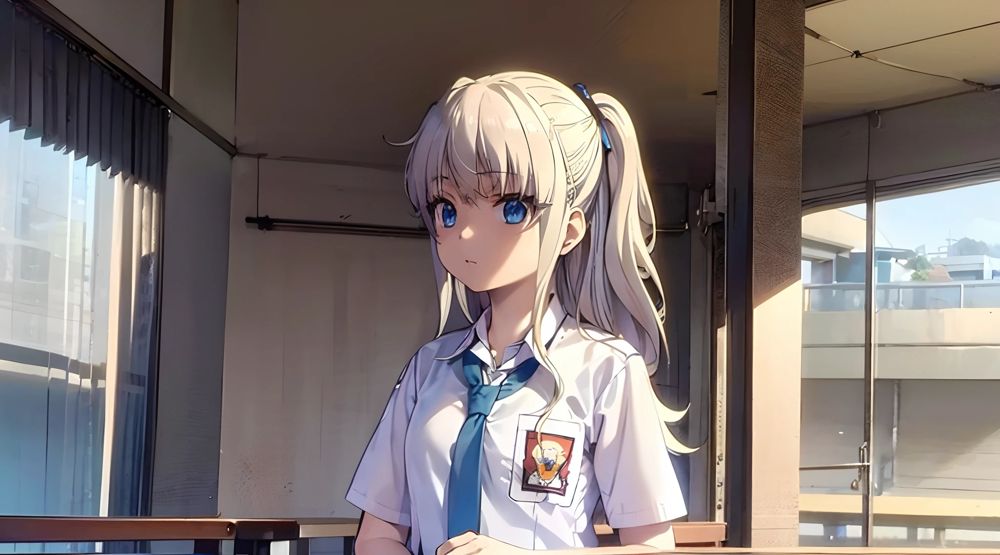 1girl, Tomori, Wariza, half body portrait, anime coloring, masterpiece, best quality, high quality, (Intricate detailed:1.2), solo, indoors, expressionless, nao tomori, charlotte, white hair, blue eyes, twintail hair, wearing indonesian high school uniform, (indohighschool uniform:1.4), (blue necktie:1.2), white shirt