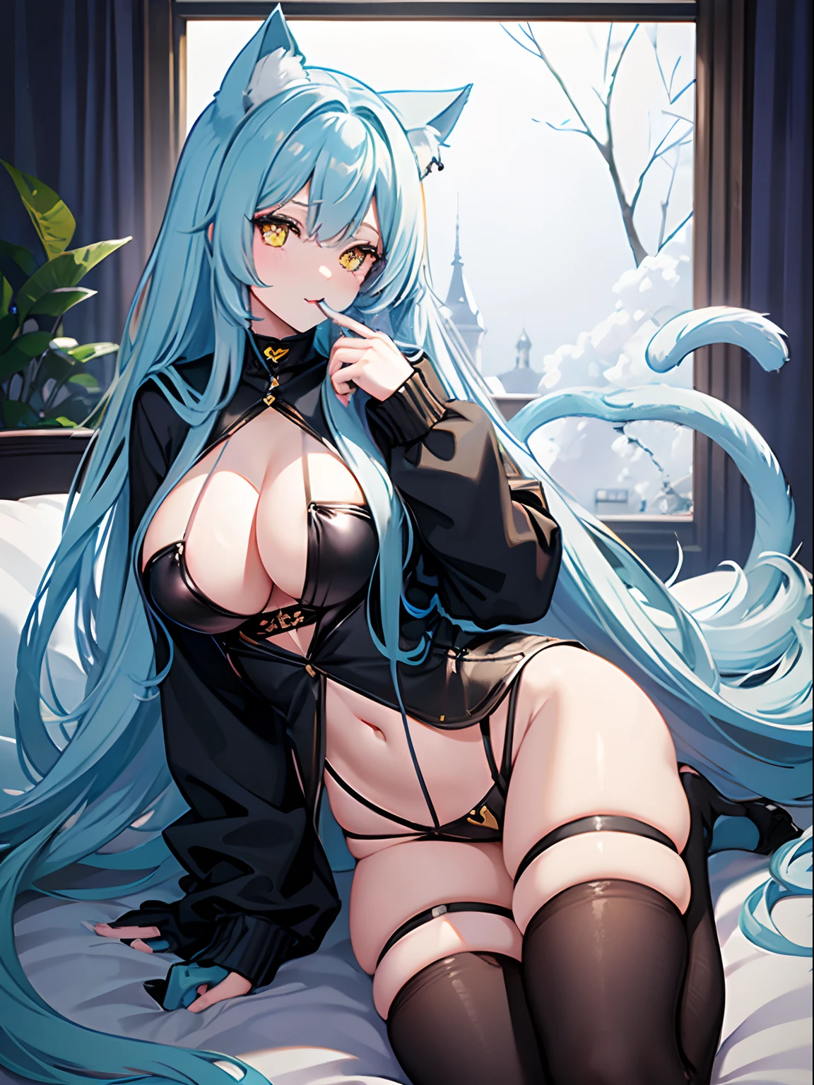 Long Hair, Light Blue Hair, Yellow Eyes, Heart pupils, Cat Ears, Cat Tail, Big Boobs, Wearing Hoodie, Long Stocking, Nighttime, Wearing Black Gloves, Inside a house, licking own lips,  showing