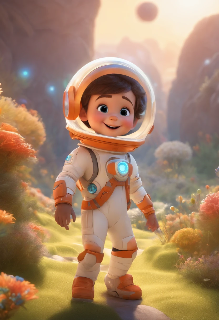 (a happy,cute,kid),(standing),(short hair),(wearing a space costume),(white background),(barnet),(bright colors),(Pixar style),(3D),(cartoons),(detailed face),(asymmetrical),(16k resolution),(vivid colors)