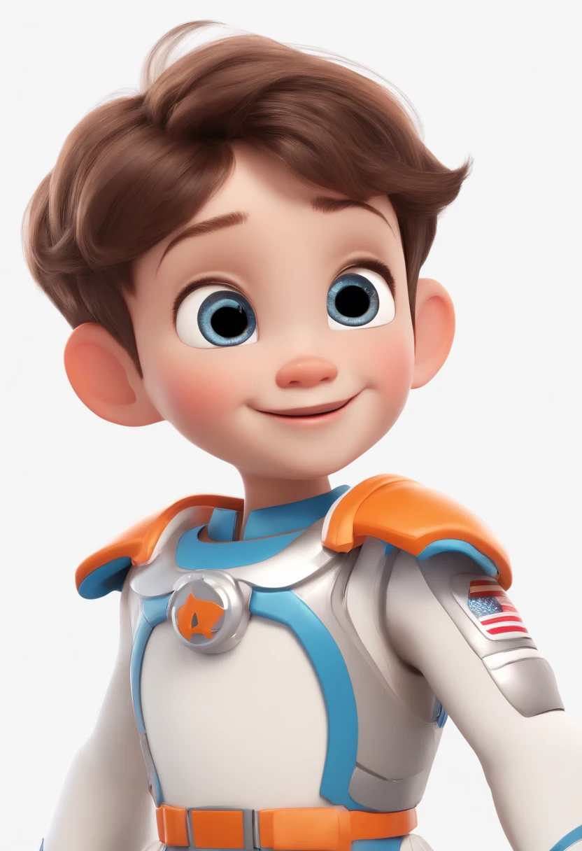a happy and cute boy with short hair, wearing a space costume, , White background, the , tom, Pixar-style, ....3d, Cartoon s, face detailed, asymmetric 16k