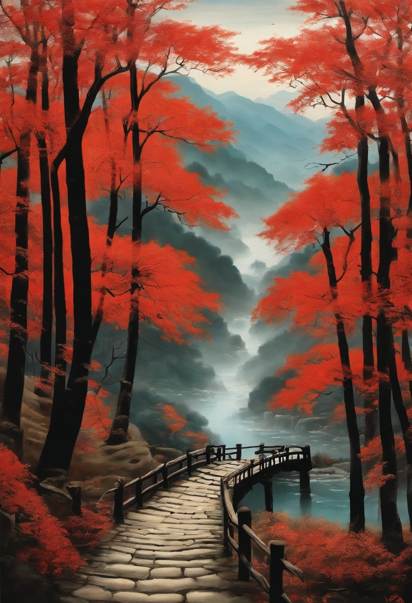 In the background, a dark path and paintings of woods on both sides, inspired by Chang Dai-chien, Inspired by Huang Binhong, inspired by Xu Beihong, qing dynasty painting, Inspired by Li Keran, author:Qi Baishi, inspired by Fu Baoshi, Tradition Chinese Ink Painting