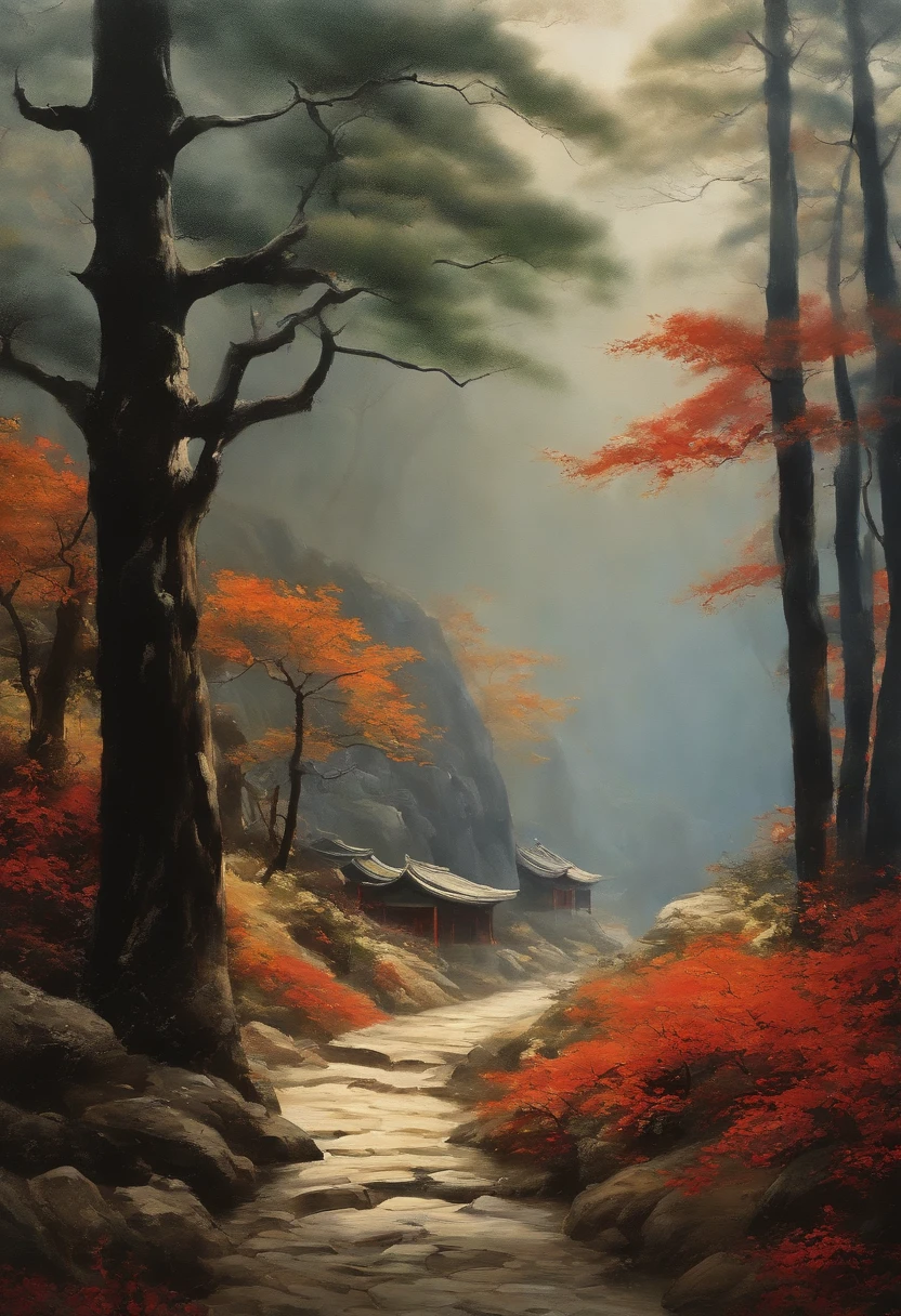In the background, a dark path and paintings of woods on both sides, inspired by Chang Dai-chien, Inspired by Huang Binhong, inspired by Xu Beihong, qing dynasty painting, Inspired by Li Keran, author：Qi Baishi, inspired by Fu Baoshi, Tradition Chinese Ink Painting