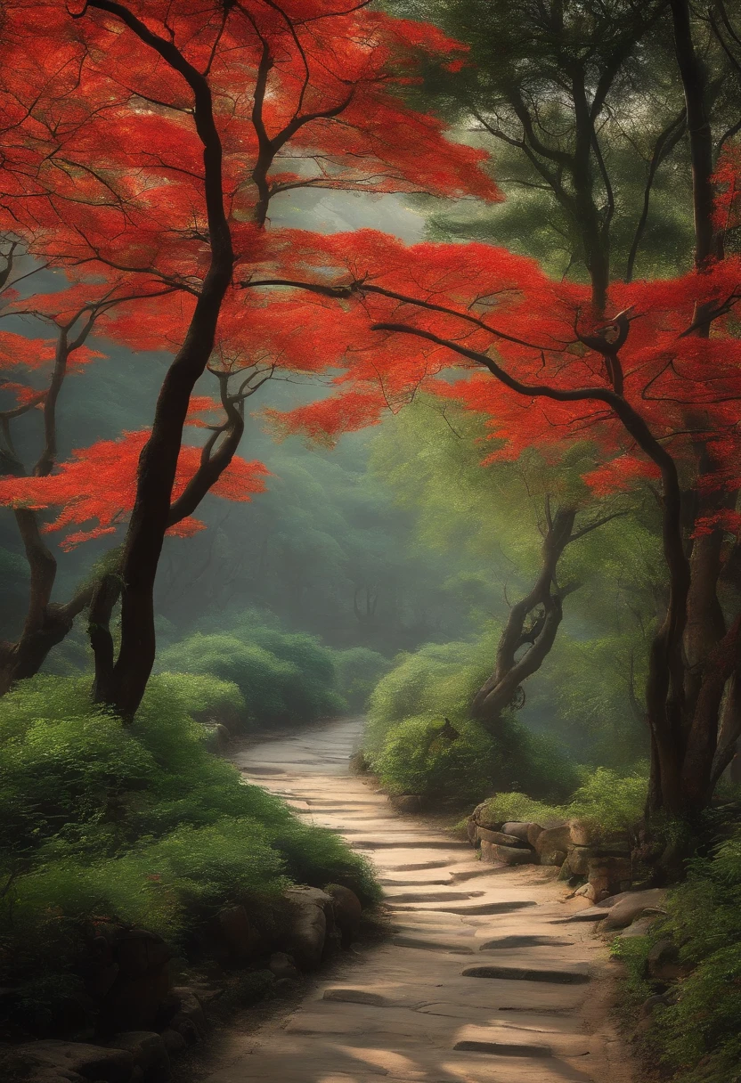 In the background, a dark path and paintings of woods on both sides, inspired by Chang Dai-chien, Inspired by Huang Binhong, inspired by Xu Beihong, qing dynasty painting, Inspired by Li Keran, author：Qi Baishi, inspired by Fu Baoshi, Tradition Chinese Ink Painting
