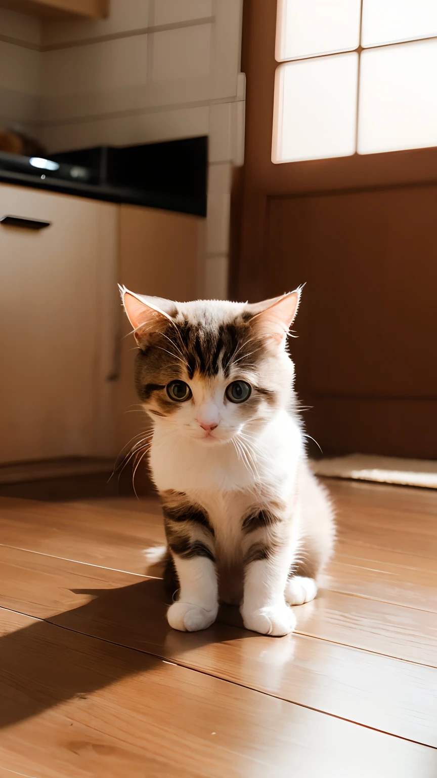 Cats、(Munchkin)、(((Has a small)))、Showing your face、Putting out the front paws、8K、professional photograpy、Delicate、Vivid、on table、in a house、Sheer sunlight、Light leak、masterpiece、(((lovely)))、(reality)、plushies、Round pupils、Cats
