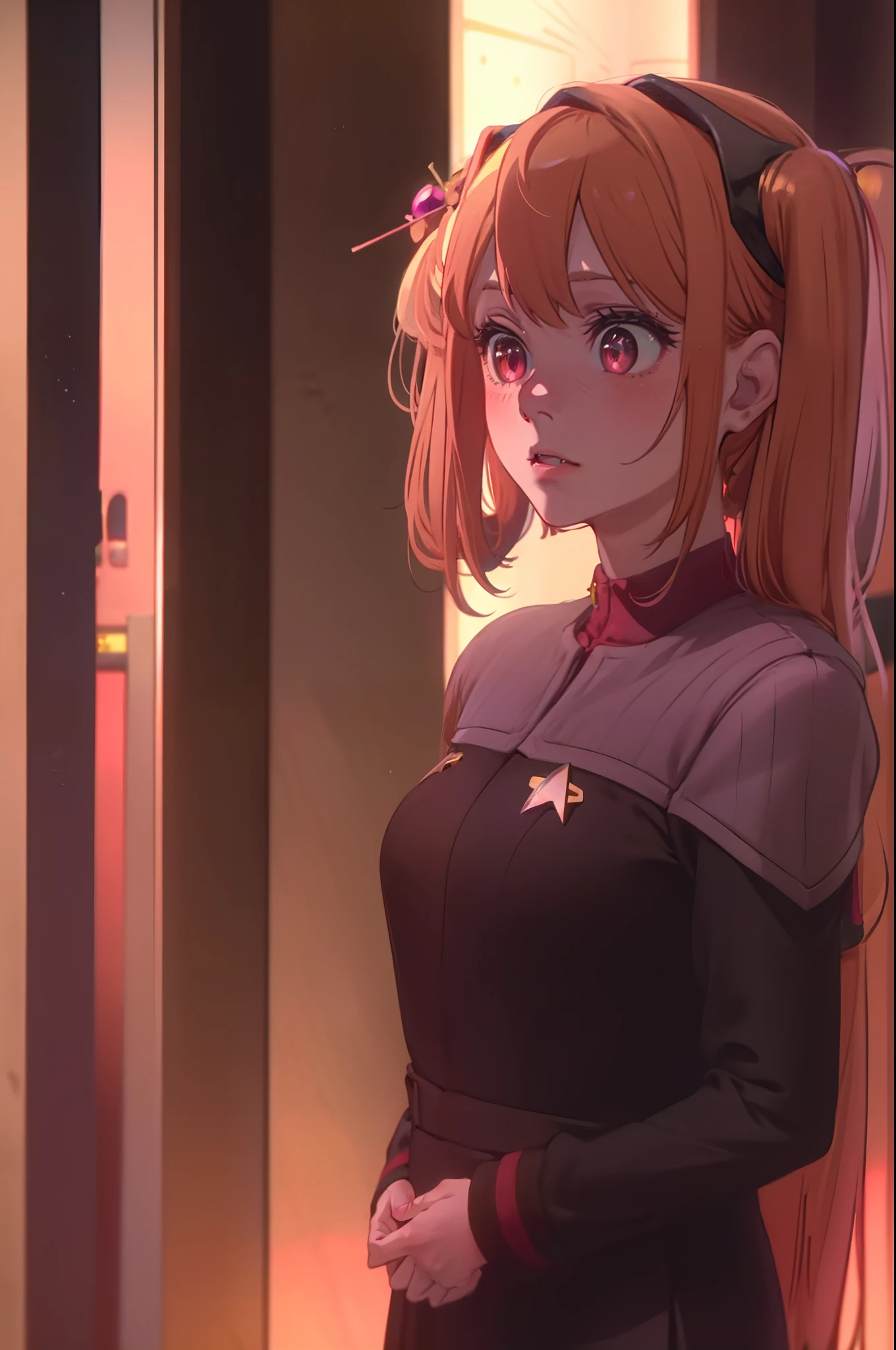 1girl, solo, Hoshino Ruby, saymbol-shaped pupils, (left star-shaped pupils:1.2), sparkling eyes, (star in left eye:1.2), symbol in eye, red eyes, long hair, blonde hair, bangs, blush, (side ponytail:1.1), ds9st uniform
