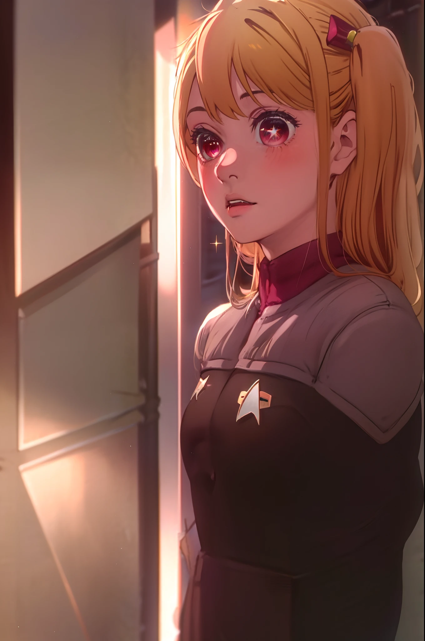 1girl, solo,  Hoshino Ruby, saymbol-shaped pupils, (left star-shaped pupils:1.2), sparkling eyes, (star in left eye:1.2), symbol in eye, red eyes, long hair, blonde hair, bangs, blush, (side ponytail:1.1), ds9st uniform