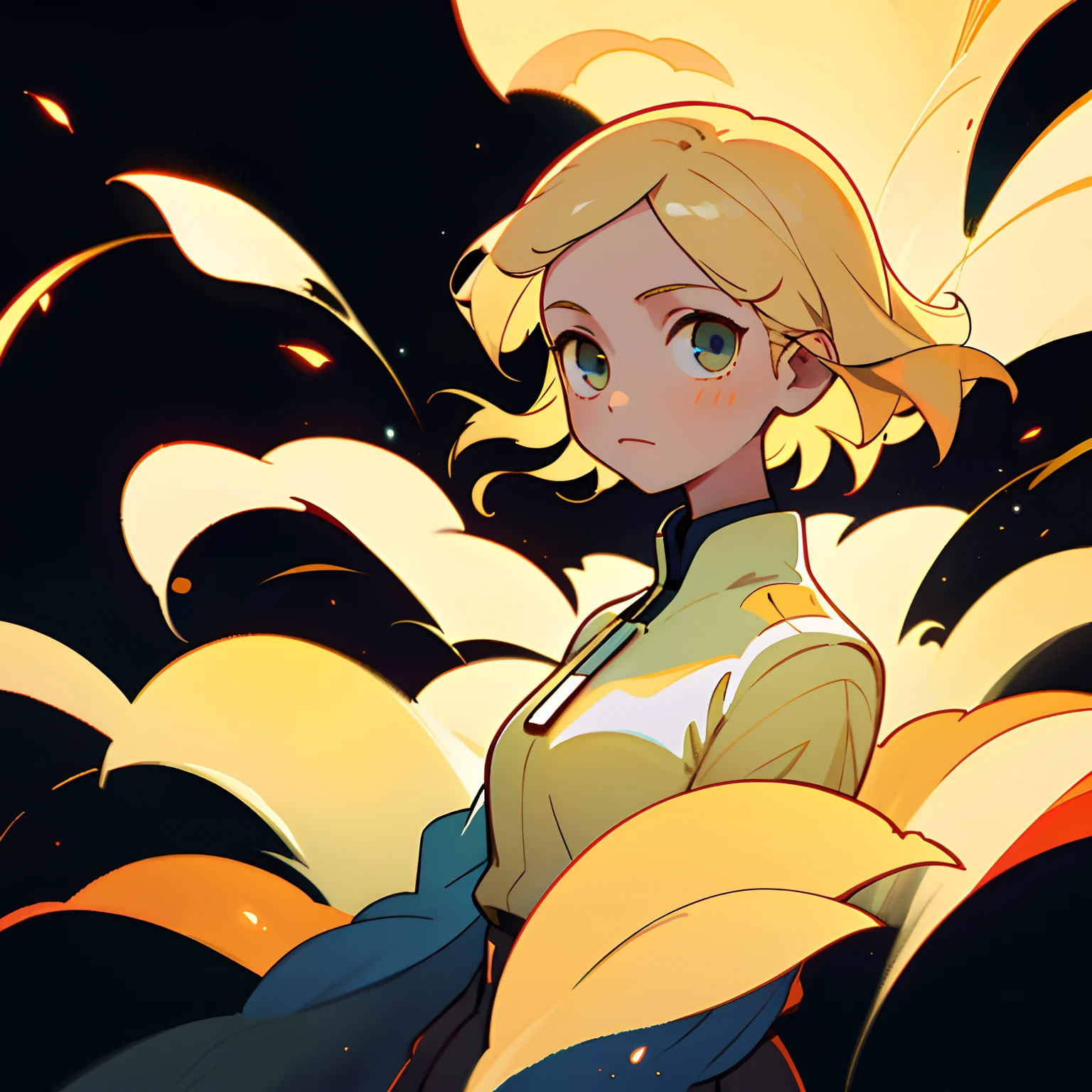 (best quality, masterpiece), 1girl, particle, wind, flower, upper body, dark simple background, looking at viewer, blonde, galaxy