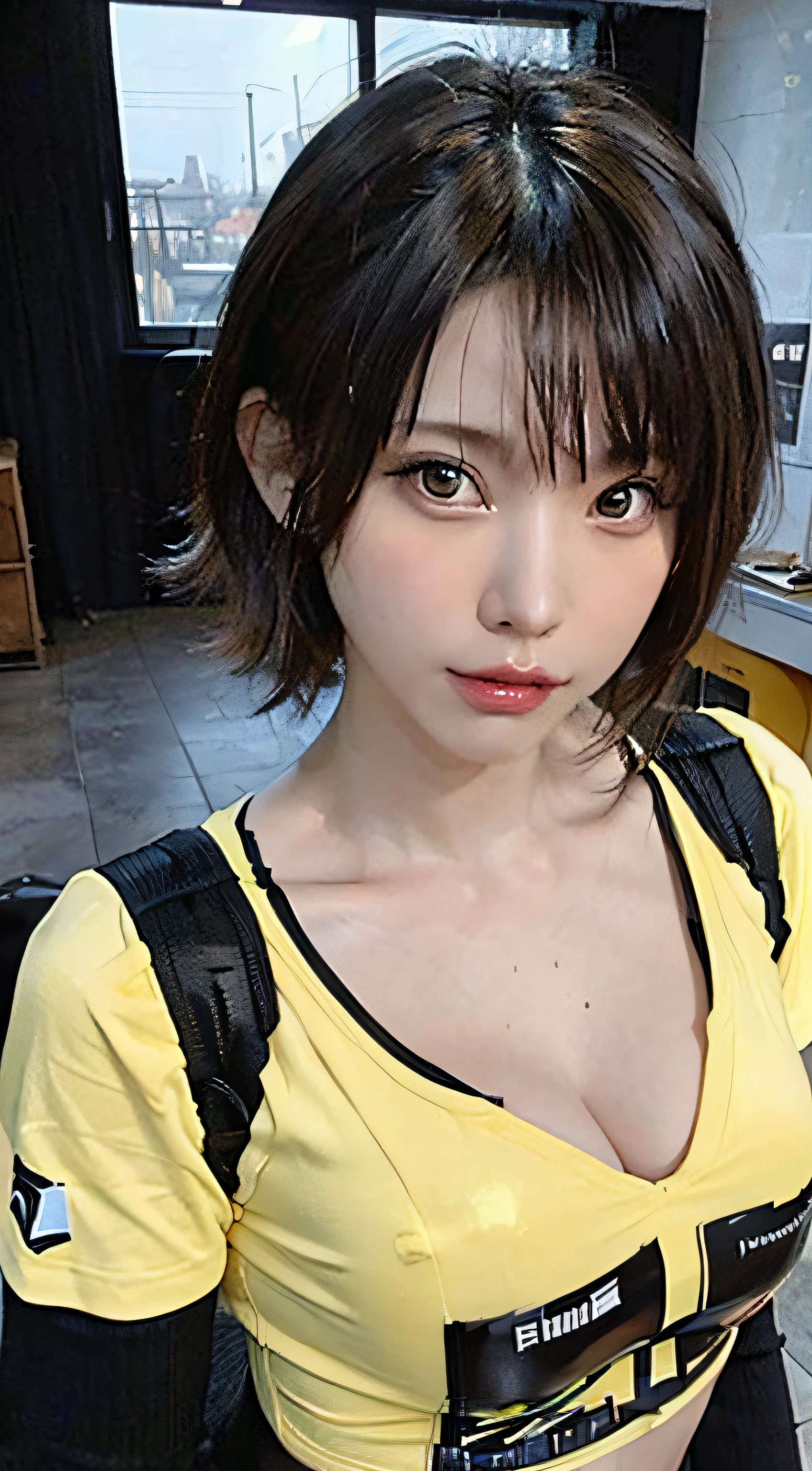 (((Beautiful girl small breasts)))、Wearing a jacket, Long Hair, Cyberpunk Red Green Background、(((Upper body naked))),smile,Young Face,、(((Round face))),(((Big eyes)),((( Round eyes)))