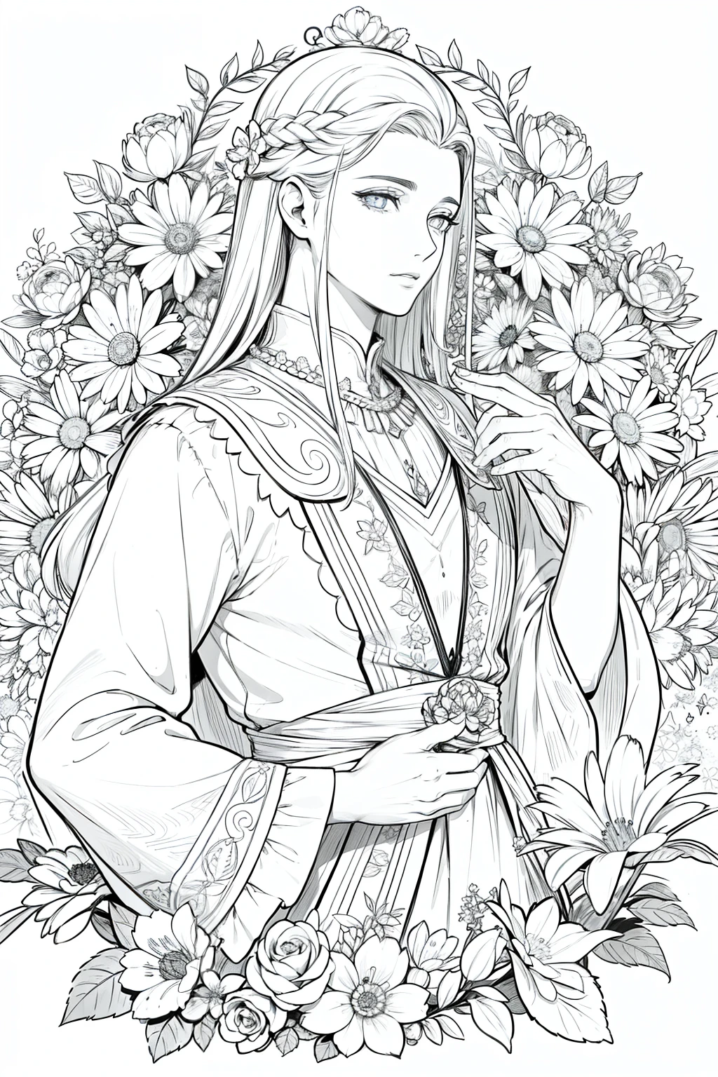 obra prima, superlativo, Bruxo jovem elegante, masculino , somente, Dia das Bruxas bonito , fundo do desenho da linha da flor, fundo branco, monocromatic, Desenho de linhas, ((esquete)), assustador, Gato branco com olhos brancos, Olhos brancos