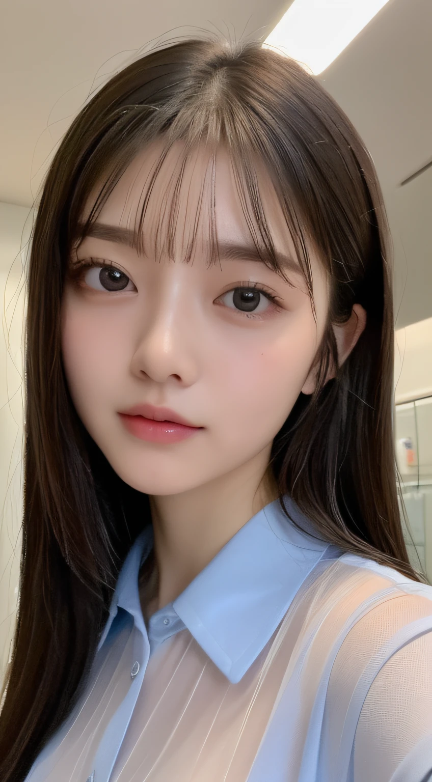 ((top-quality、8K、masterpiece:1.5))、One girl、(Unhealthy face)、(Letter to)、Blunt bangs、(Lots of bangs:1.3)、(full body Esbian:1.4)、(Symmetrical face)、hyperdetailed face、Ultra detailed mouth、A detailed eye、Detailed ears、Slim Faces、(selfee:1.3)、(off shoulders)、(Armpit)、(Looking Up)、(From above)、(Straight long hair、Ahoge:1.3)、(Upper Eyes)、the background is blurred、(Sheer shirt:1.3)、(The shirt shows through and the underwear is visible)、lipgloss、(Beauty Salon)、(turning off lights)、
