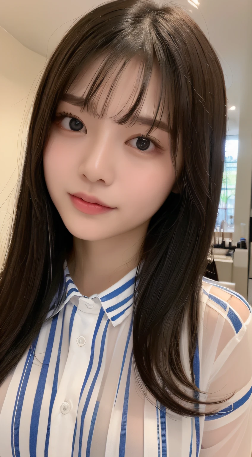 ((top-quality、8K、​masterpiece:1.5))、One girl、(Unhealthy face)、(Letter to)、Blunt bangs、(Lots of bangs:1.3)、(full body Esbian:1.4)、(Symmetrical face)、hyperdetailed face、Ultra detailed mouth、A detailed eye、Detailed ears、Slim Faces、(selfee:1.3)、(off shoulders)、(Armpit)、(Looking Up)、(From  above)、(Straight long hair、Ahoge:1.3)、(Upper Eyes)、the background is blurred、(Sheer shirt:1.3)、(I can see the cleavage:1.1)、lipgloss、(Beauty Salon)、(turning off lights)、