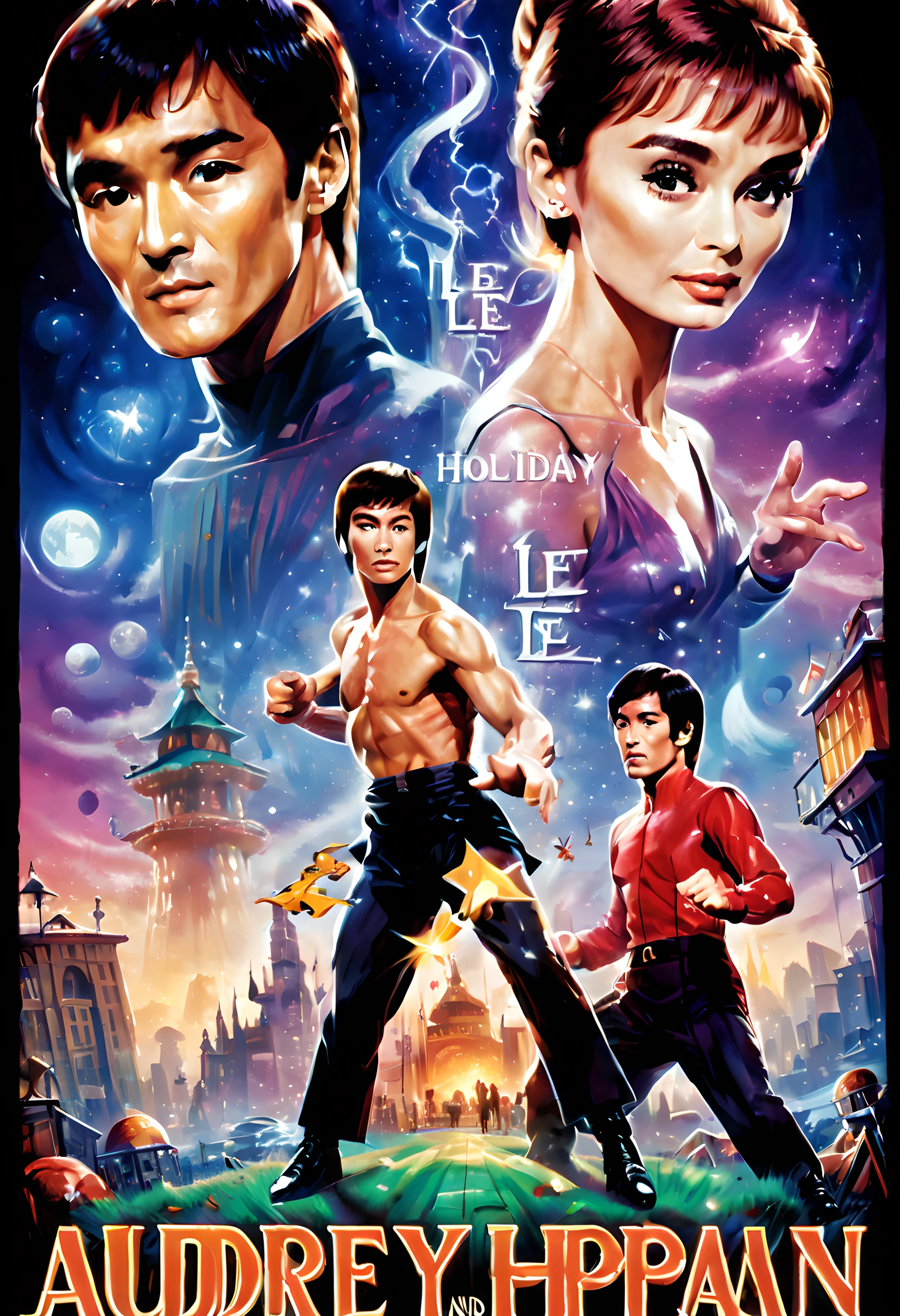 (movie poster:1.5), (movie poster of holliday magical fantasy:1.5), (Pixel art:1.5), (movie still:1.5), ((movie poster style:1.5), (movie poster)), (fantasy:1.5), (magical world:1.5), (movie poster:1.5), (movie poster of holiday magical movie:1.5),((text:2)), (movie title txt:1.5), (starring Audrey Hepburn and Bruce Lee:1.5),