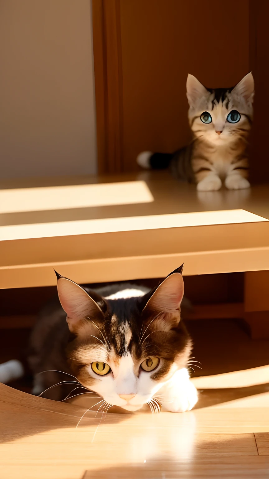 Cats、(Munchkin)、(((Has a small)))、Showing your face、Putting out the front paws、8K、professional photograpy、Delicate、Vivid、on table、in a house、Sheer sunlight、Light leak、masterpiece、(((lovely)))、(reality)、plushies、Round pupils、Cats