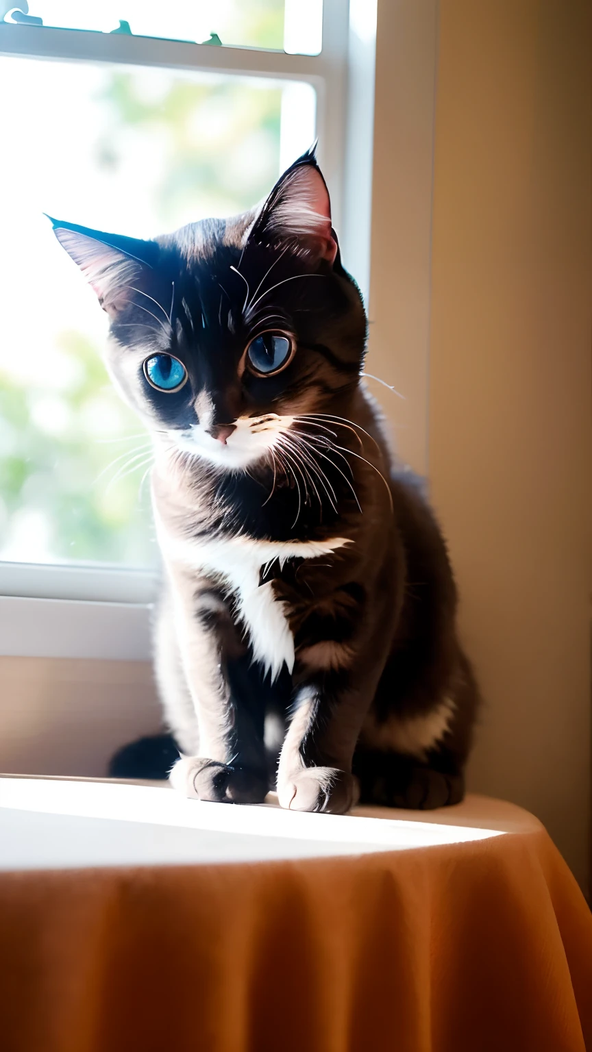 Cats、(Munchkin)、(((Has a small)))、Showing your face、Putting out the front paws、8K、professional photograpy、Delicate、Vivid、on table、in a house、Sheer sunlight、Light leak、masterpiece、(((lovely)))、(reality)、plushies、Round pupils、Cats