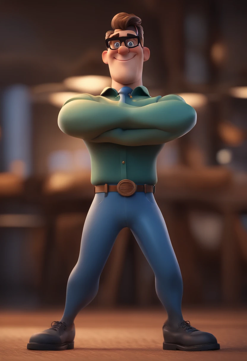 Cartoon character of a man with black glasses and a blue shirt, animation character, Caractere estilizado, animation style rendering, 3D estilizado, Arnold Maya render, 3 d render stylized, toon render keyshot, Personagem 3D, Personagem 3D, 3d rendering stylized, 3 d character render, personagem de desenho animado, Personagem de close up, Pose de personagem,  (Estilo Pixar) (master part:1.2) (Bokeh) (best quality) (pele detalhada) (textura detalhada) (8k) (argila) (Cinematic lighting) (foco nítido