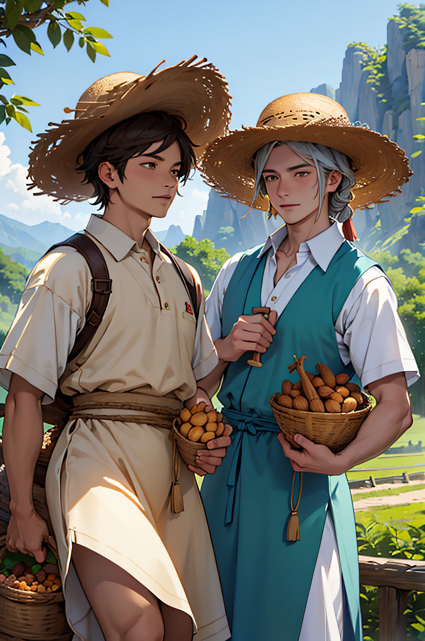 Draw two men in straw hats picking cinnamon nuts,Plain dress,There is a mountain in the background,exuberant,Two men collaborate with each other,Great harvest,There are nut trees next to it,Chinese men,Port wind