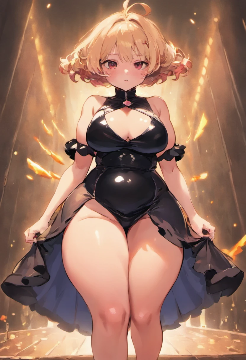 Caricatura de una mujer con un vestido negro con una barriga grande, Su vientre es gordo y redondo, Ella tiene un vientre redondo y gordo y tembloroso, her belly button is exposed, vientre embarazada, Lineart negro grueso, Loli en vestido, insanely inflated hips, Absurdo ondulado blob en un vestido, Thicc, Androide 18, body swelling about to explode,nalgona, culona, enana, panzona, barrigona, little dress, caderas anchas, cabello color rosa, estomago hinchado, gran barriga, mujer rechoncha, jovencita panzona, estilo anime, japones, manga