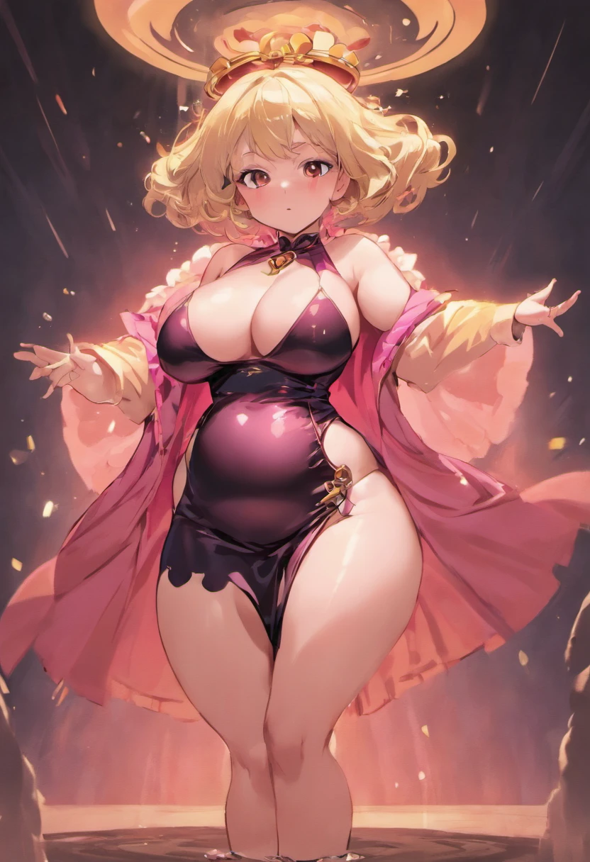 Caricatura de una mujer con un vestido negro con una barriga grande, Su vientre es gordo y redondo, Ella tiene un vientre redondo y gordo y tembloroso, her belly button is exposed, vientre embarazada, Lineart negro grueso, en vestido, insanely inflated hips, Absurdo ondulado blob en un vestido, Thicc, Androide 18, body swelling about to explode,nalgona, culona, enana, panzona, barrigona, little dress, caderas anchas, cabello color rosa, estomago hinchado, gran barriga, mujer rechoncha, jovencita panzona, estilo anime, japones, manga