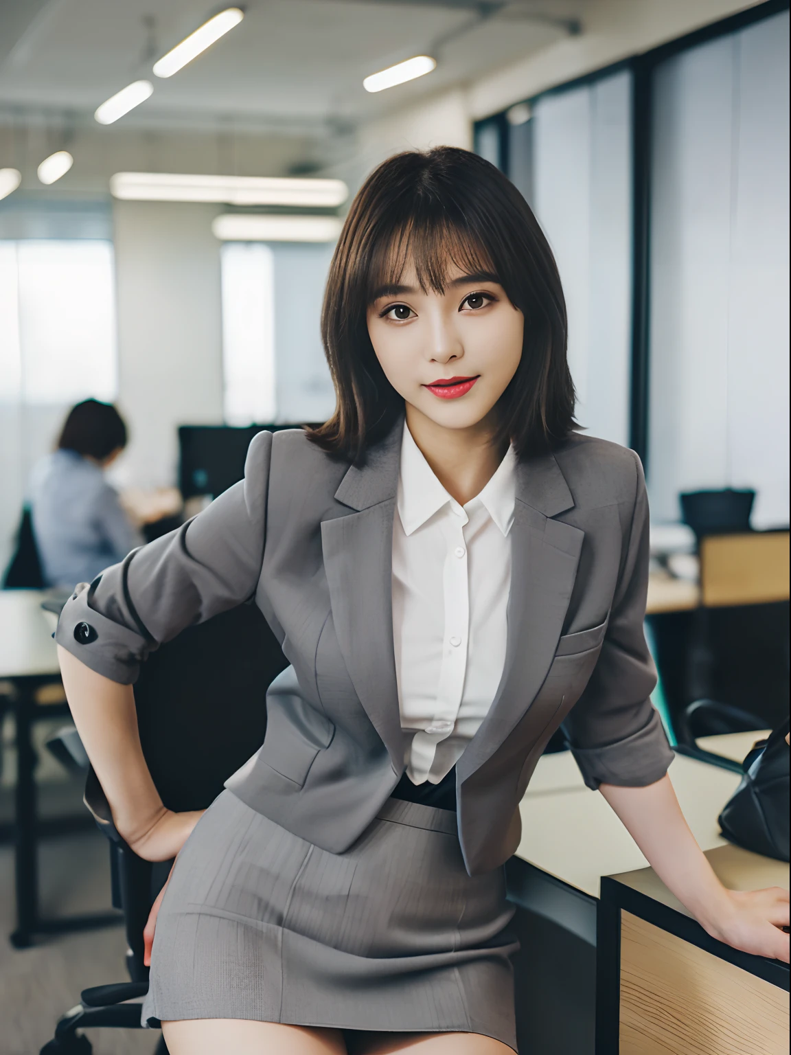 (top-quality、8K、masterpiece:1.2), (Cute Japan Beautiful Girl、18year old:1.4)、(Neat and beautiful face、the golden ratio:1.5)、 (Very fine eye definition, Symmetrical eyes:1.3), (Brown eyes, Parted bangs, Lustrous black hair:1.2)、(Perfect body without contradiction、Perfect limbs without contradiction:1.7)、(shinny skin:1.2)、(Beautiful large breast:1.6)、(Constricted waist:1.5)、(Gray tight business suit、Gray tight mini skirt:1.3) 、(Open the chest of the white collared shirt:1.4)、pumps、(bending forward、sexypose:1.4)、(Looking at the camera:1.3)、(Empty alleys in an empty office district:1.2)、the wind、optic、blurry backround