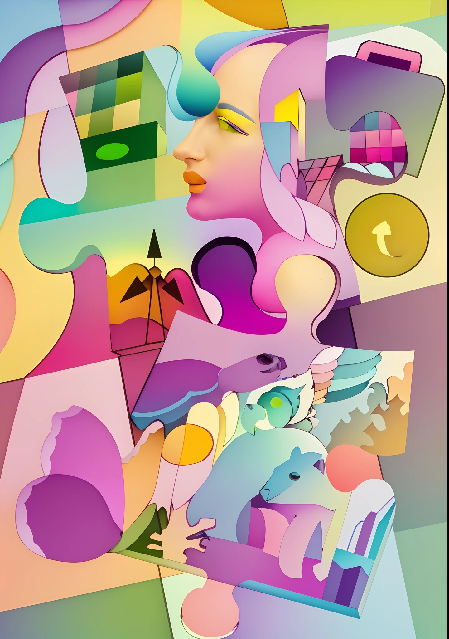 The overall tone is cool,The main color is yellow-green,There is an ombre,Auxiliary color: pink, purple, purple,Accent color: light blue,Harmonious tones,
