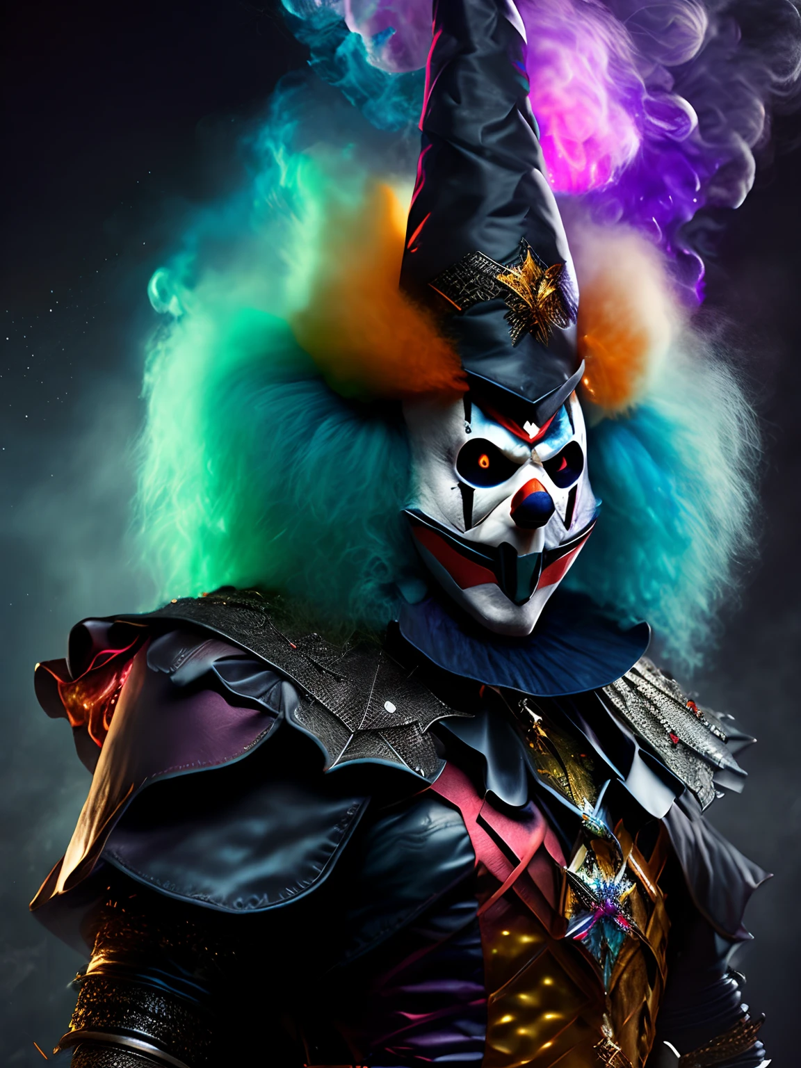Close-up ( Killer clown wearing a colorful Friday the 13th witch costume in gothic style: 1.3) emergindo do castelo velho das bruxas, extremamente detalhado, smoke billowing, Sparks, Metal shavings, detritos voadores, volumetric light