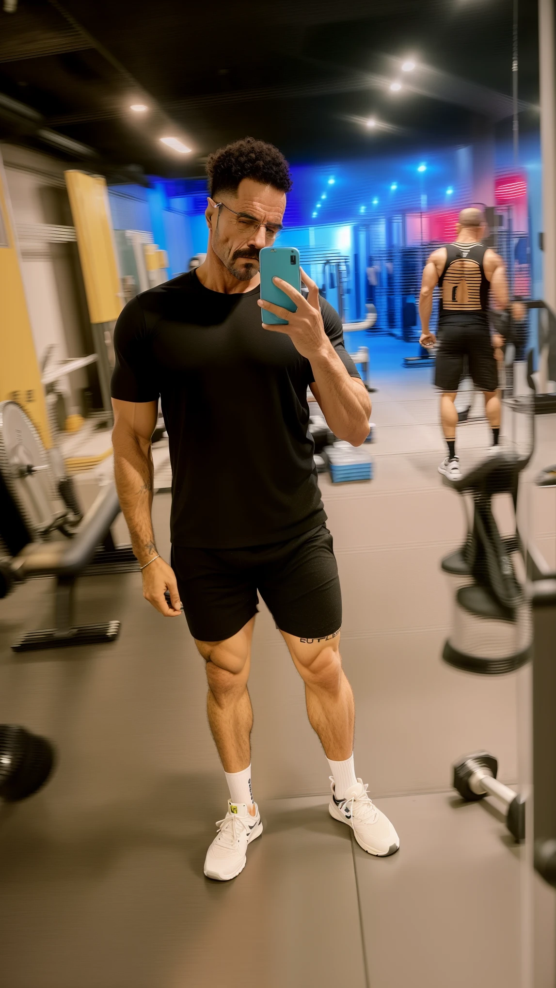 There's a man who's standing in a gym with a cell phone, em uma academia, foto fit, wearing black shorts, malhar, shorts cinza e meias pretas, Corpo de Ernest Khalimov, coxas musculosas, usando equipamento de fitness, Walter White como um fisiculturista, foto de baixa qualidade, Coxas!!!, Coxas, pernas musculosas, vestindo bermuda e camiseta, pernas fortes