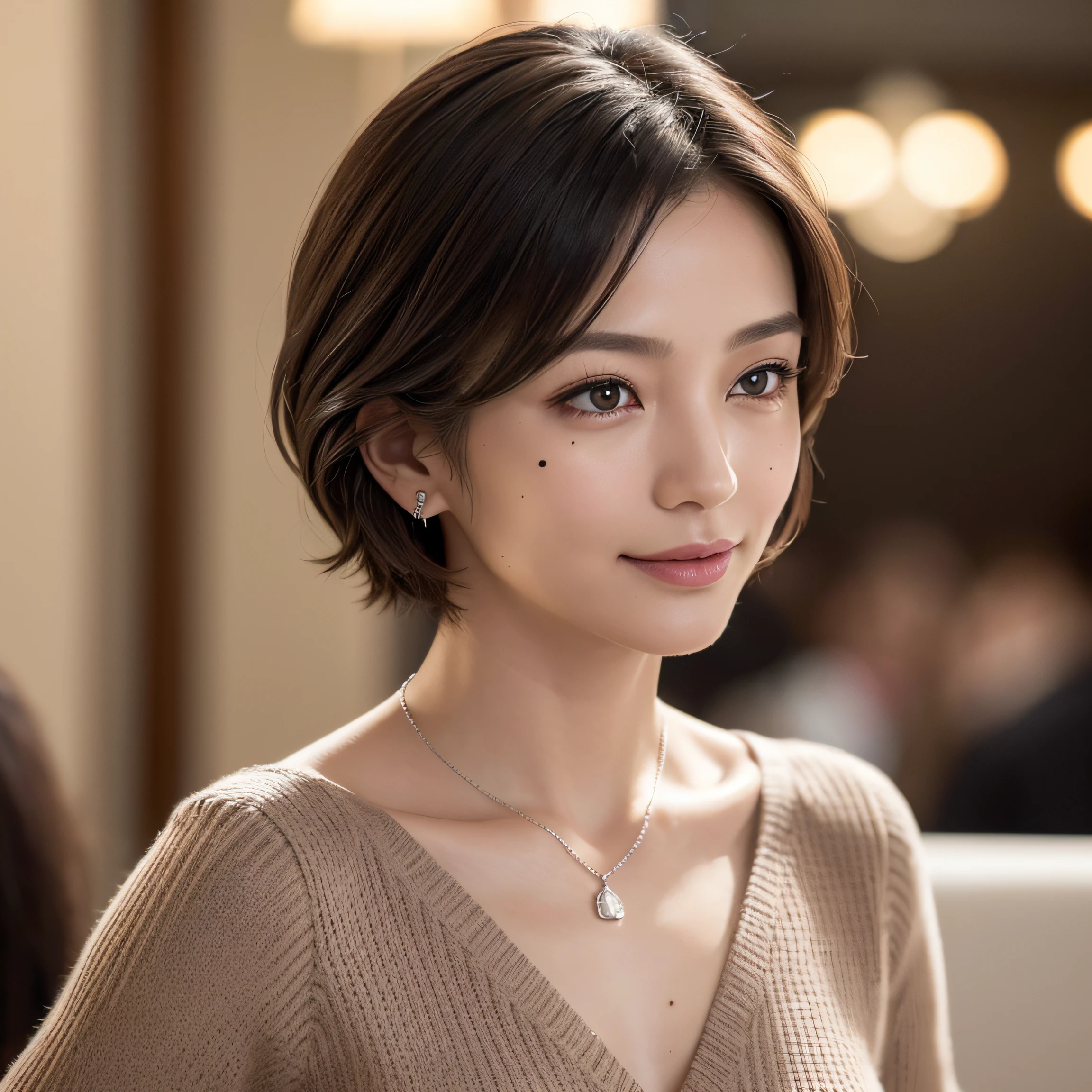 (8K, top-quality, masterpiece:1.3, 超A high resolution, A hyper-realistic), High Detail, (Face like the real thing), Photorealsitic, Raw foto, ((one beautiful women)), Detailed face, beautidful eyes, realisticeyes, Eyes in Beautiful Details, (real looking skin), Beautiful skins, enticing, depth of fields, hight resolution, High pixel count, ((Sideways face, Looking away, Don't look your audience in the eye, Don't look at the camera)), fashionable cafe, The background is also in the picture, clear details, sharp photo, Natural color reproduction, Noise Reduction, High fidelity, Small pendant in silver color, A small necklace in silver color, (Wine-colored light knit U-neck shirt, Neat and clean clothing, Clothing that makes it difficult to see the chest, Clothing that makes it difficult to see the chest, Clothing that does not stand out on the chest), small tits, Sexy lips, Ears are visible, a smile, kindly smile, Beautiful skins, enticing, the golden ratio, (Detal Face:1.2), profetional lighting, Lighting the face, best light, japanes, A Japanese Lady, Japan Mature Woman, a matural female, Short Bob Hair, ((45 yers old, Beautiful, Wrinkles on the face, Wrinkles at the corners of the eyes, Nasolabial fold wrinkles, Small wrinkles, Beautiful, Beautiful Aunt, Moderate moles, Small mole on the face))