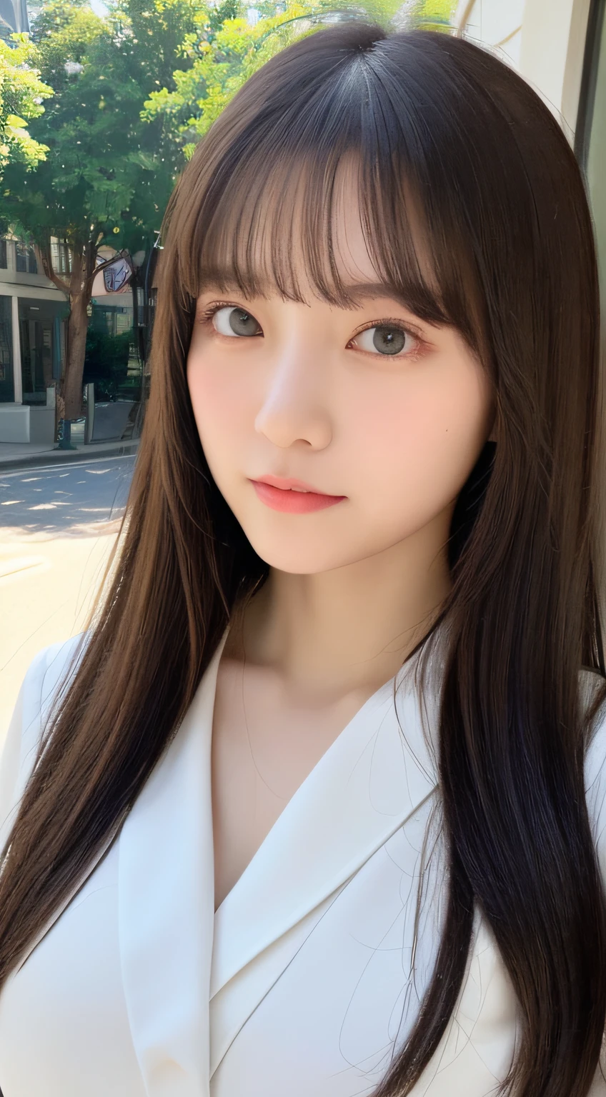 ((top-quality、8K、masterpiece:1.5))、One girl、(Unhealthy face)、(Letter to)、Blunt bangs、(Lots of bangs:1.4)、(full body Esbian:1.4)、(Symmetrical face)、hyperdetailed face、Ultra detailed mouth、A detailed eye、Detailed ears、Slim Faces、(selfee:1.4)、(off shoulders)、(Armpit)、(Looking Up)、(From above)、(Straight long hair、Ahoge:1.3)、(Upper Eyes)、the background is blurred、(formal suit:1.3)、lipgloss、(hotel)、(natural soft light:1.3)、