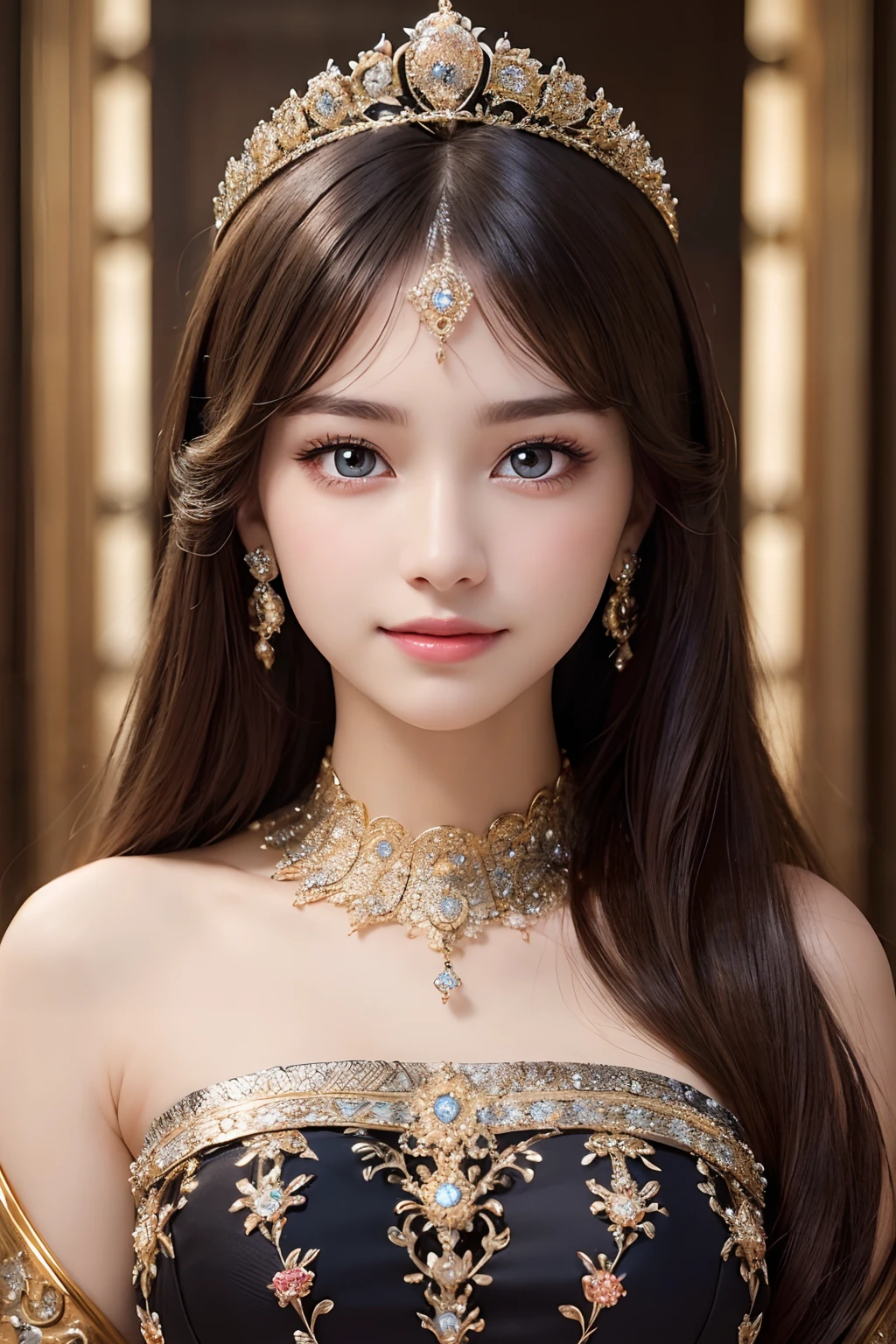 (best quality, 8K, masterpiece)), ultra detailed, sharp focus, ((ultra realistic photo)), 1 beautiful woman, 18yo, elaborate design dress, gorgeous jewery, tiara, highly detailed face and skin texture, ((detailed eyes)), ((beautiful eyes:1.4)), (smile:1.15), (closed mouth), three-quarter length