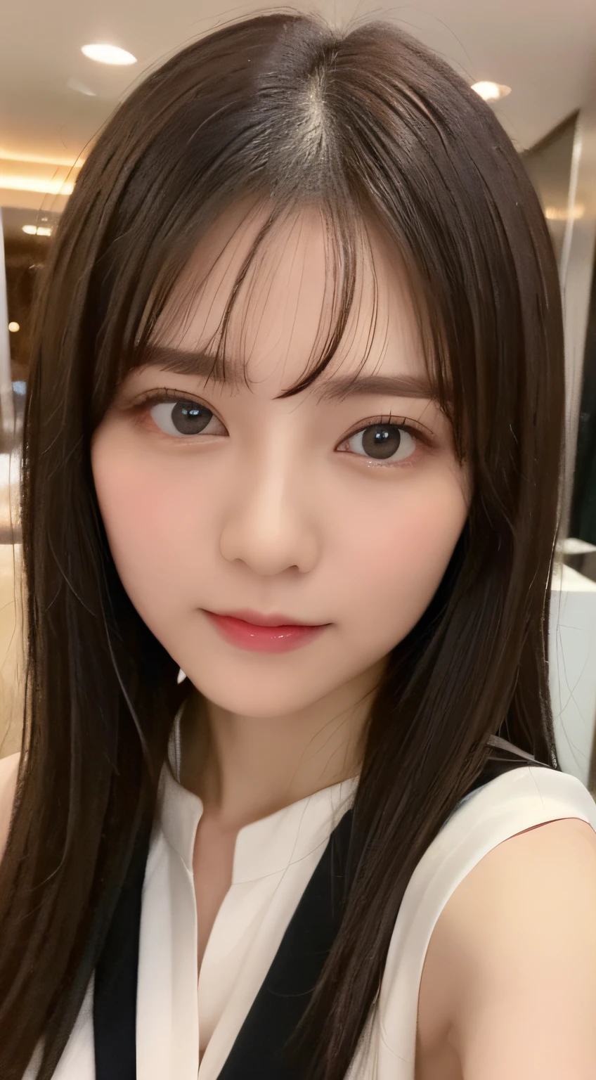 ((top-quality、8K、​masterpiece:1.5))、One girl、(Unhealthy face)、(Letter to)、Blunt bangs、(Lots of bangs:1.4)、(full body Esbian:1.4)、(Symmetrical face)、hyperdetailed face、Ultra detailed mouth、A detailed eye、Detailed ears、Slim Faces、(selfee:1.4)、(off shoulders)、(Armpit)、(Looking Up)、(From  above)、(Straight long hair、Ahoge:1.3)、(Upper Eyes)、the background is blurred、(formal suit:1.3)、lipgloss、(casino)、(natural soft light:1.3)、