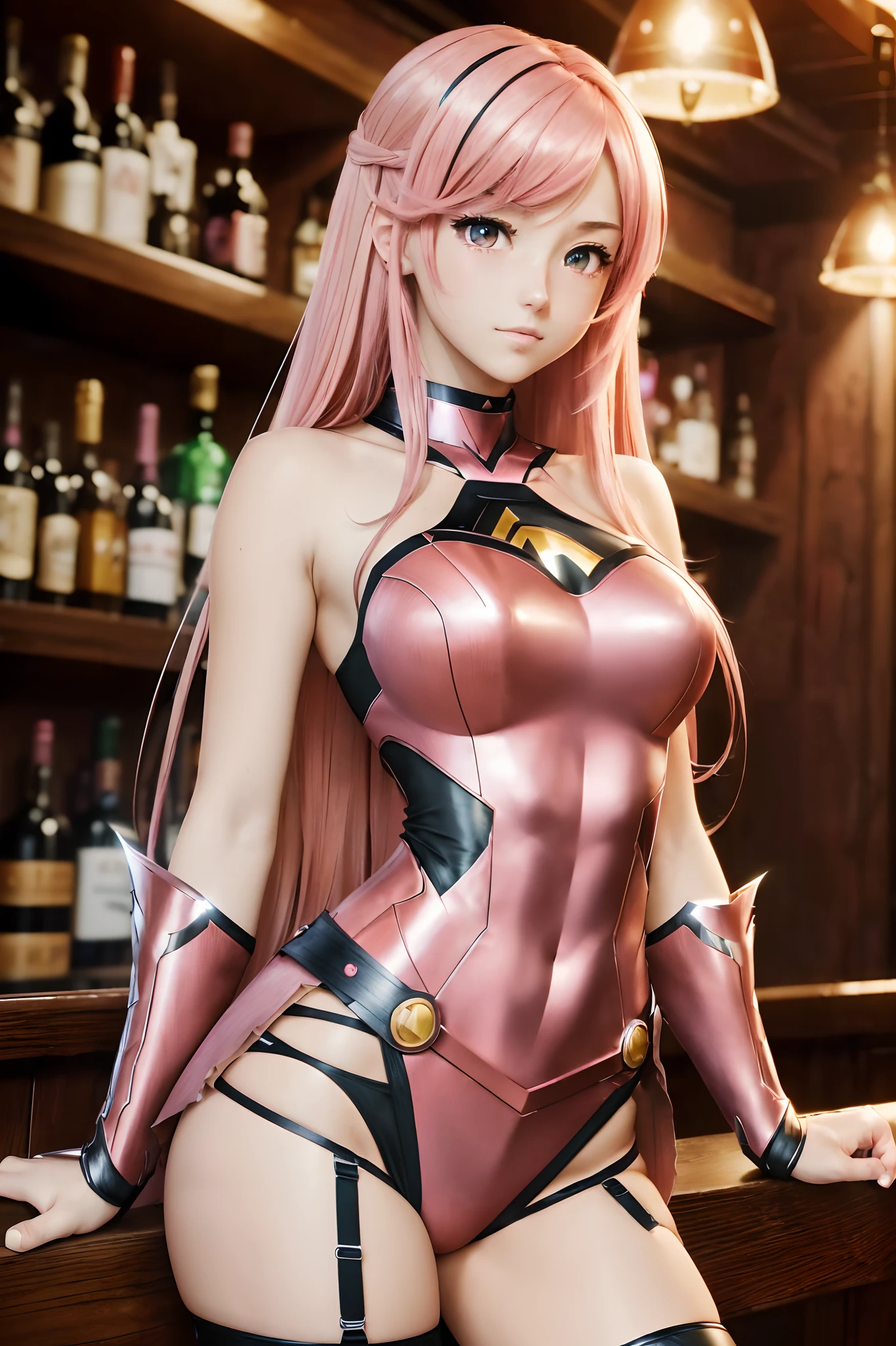 (8k, 4k, high resolution,masterpiece, best quality:1.3, anime style), 1girl , nice hands, cowboy shot, upper body, flirting, 18yo, beautiful hips, pink hair, straight hair, party hair, hazel eyes, front layers hairstyle, thick thigh, pink eyes, ((sharp focus)), super hero costume, in bar