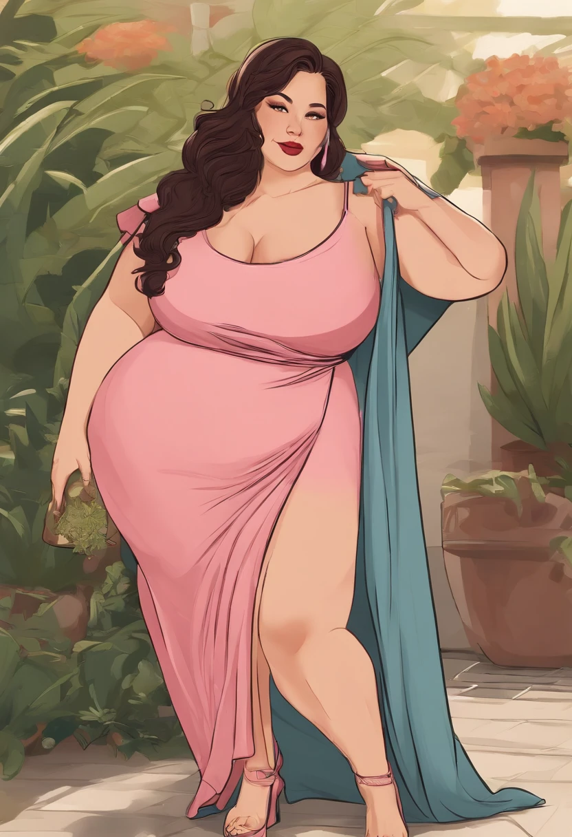 Caricatura de una mujer con un vestido negro con una barriga grande, Su vientre es gordo y redondo, Ella tiene un vientre redondo y gordo y tembloroso, her belly button is exposed, vientre embarazada, Lineart negro grueso, en vestido, insanely inflated hips, Absurdo ondulado blob en un vestido, Thicc, Androide 18, body swelling about to explode,nalgona, culona, enana, panzona, barrigona, little dress, caderas anchas, cabello color rosa, estomago hinchado, gran barriga, mujer rechoncha, jovencita panzona, estilo anime, japones, manga, barriga extremadamente gorda, estomago lleno, vientre lleno de comida, Satisfied stomach, gorda, gorda, muy gorda, obesa, blob, slob, fat belly, fat, Swelling, inflation, Sprawl