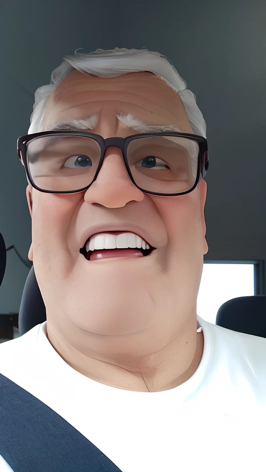 Senhor de 75 anos inspirado na Disney Pixar, Inspirado pelo pastor ( Rubens Janeiro ) A gray-haired man wearing glasses and smiling in an office with a book on the table looking to the serious future, old man, cabelos grisalhos, um terno