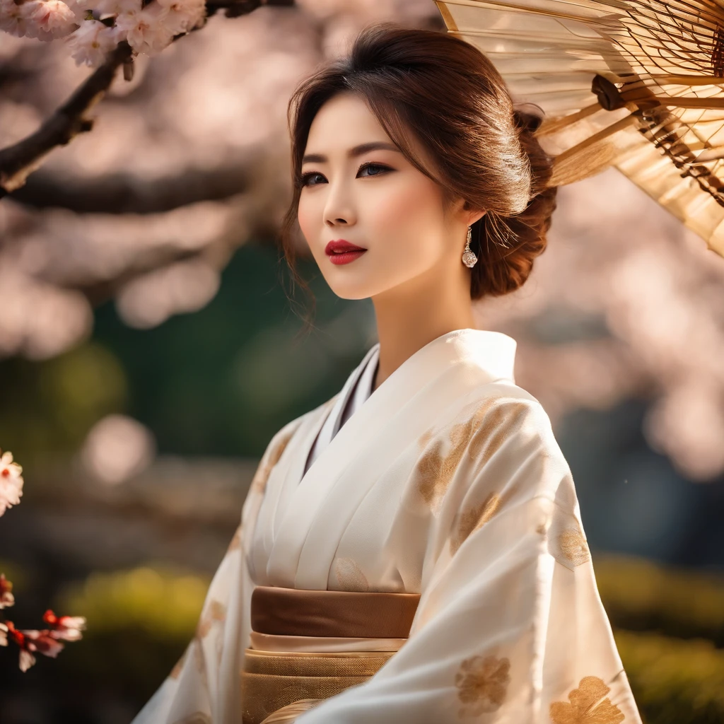 wallpaper hd，(((A stunning Japanese female model：1.3))),White kimono，((High-definition real expressions)),Stand under a cherry blossom tree in full bloom，slimfigure，The screen is filled with golden sunlight，HD picture，1/3. Leave blank，Nikon SLR lenses，Shoot at medium distance，Soft lighting，Ultra high quality，tmasterpiece，电影灯光