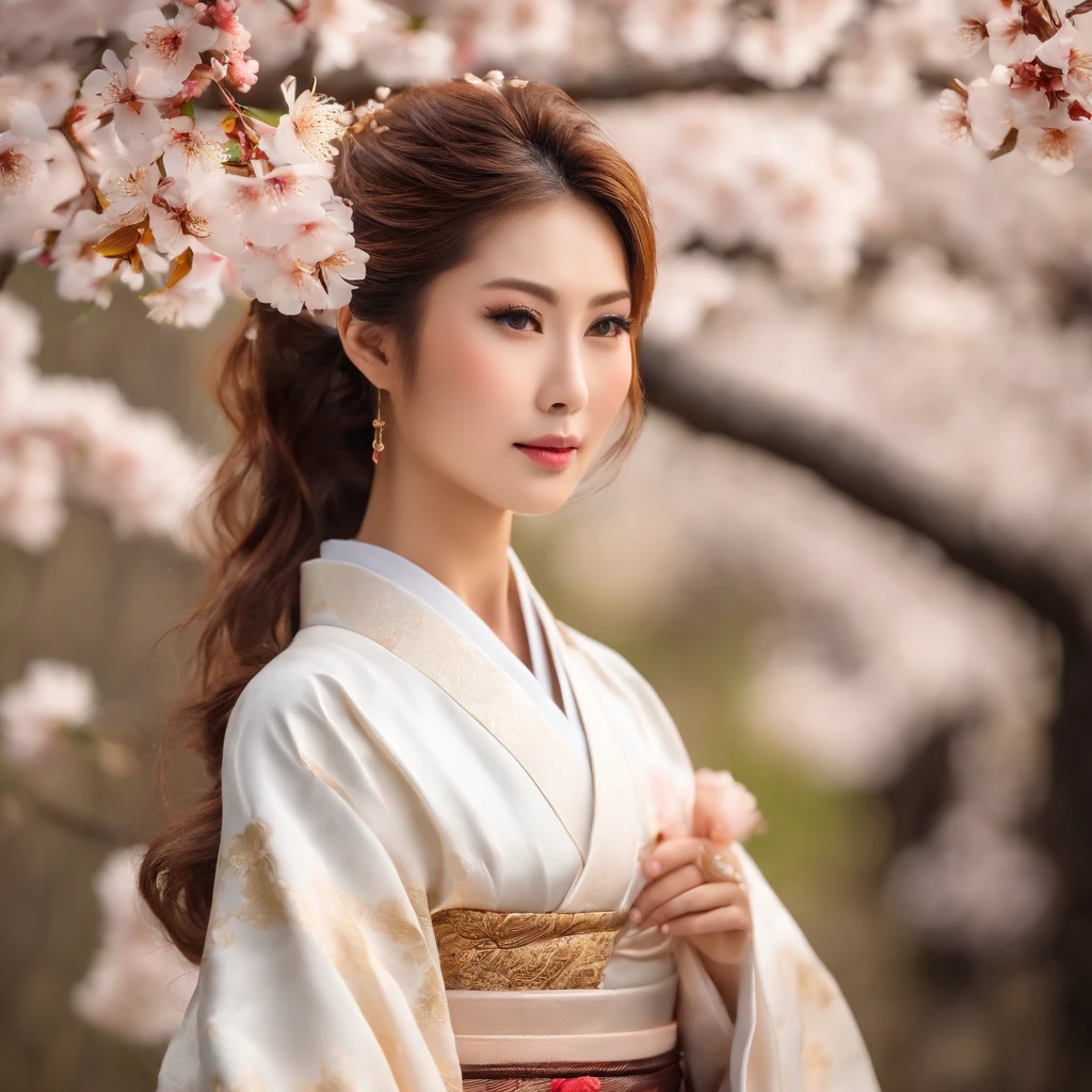 wallpaper hd，(((A stunning Japanese female model：1.3))),White kimono，((High-definition real expressions)),Stand under a cherry blossom tree in full bloom，slimfigure，The screen is filled with golden sunlight，HD picture，1/3. Leave blank，Nikon SLR lenses，Shoot at medium distance，Soft lighting，Ultra high quality，tmasterpiece，电影灯光