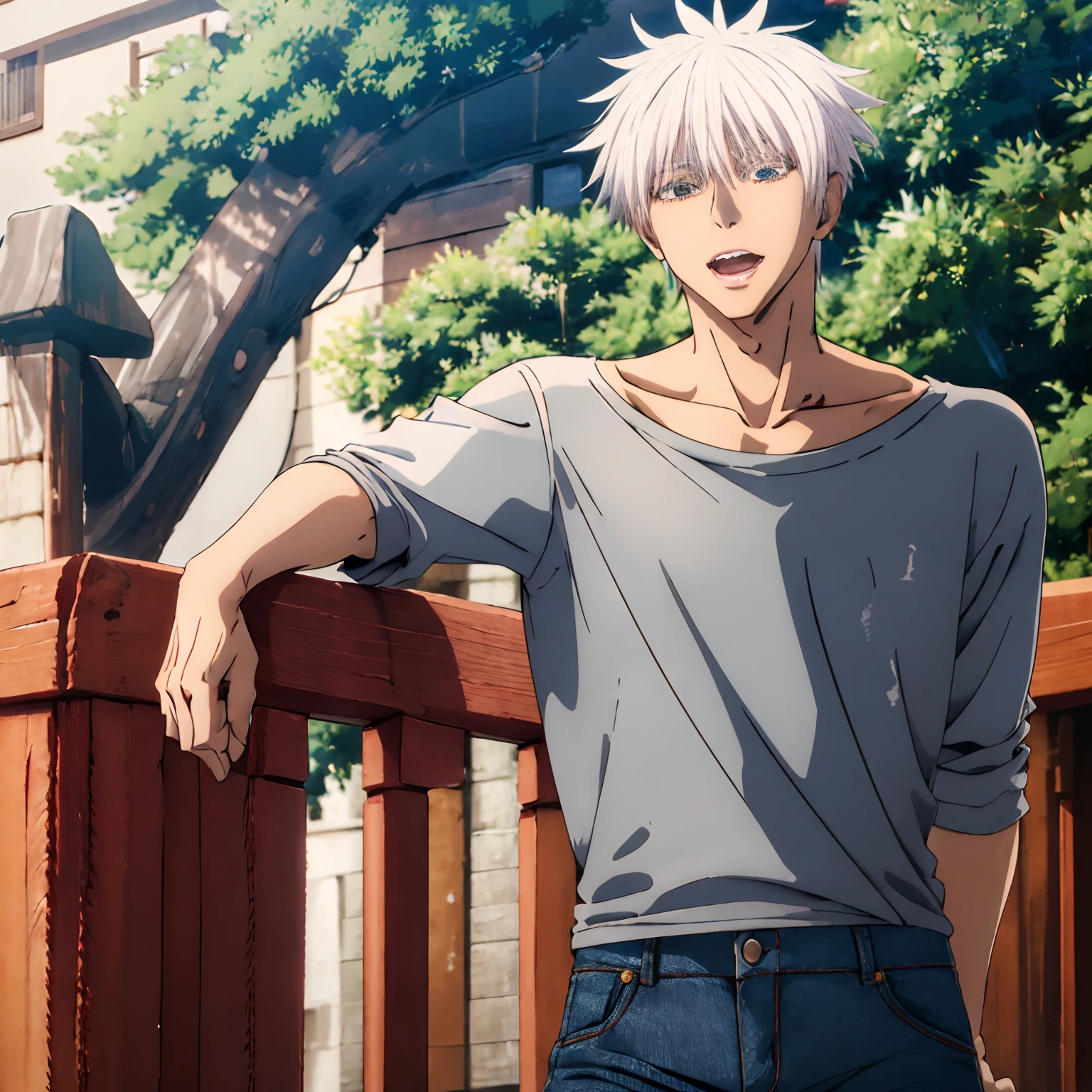 masterpiece,highres,high quality,extremely detailed,solo,outdoors, open mouth,looking at viewer, SatoruGojo,1man, wearing tshirt and jeans, white tshirt