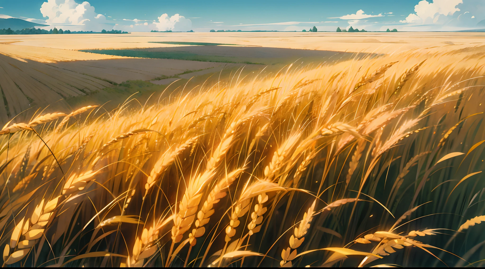 A large neat wheat field,Idyllic、wheat field ,scenic view,the Sun Shining ,Hayao Miyazaki style white clouds,