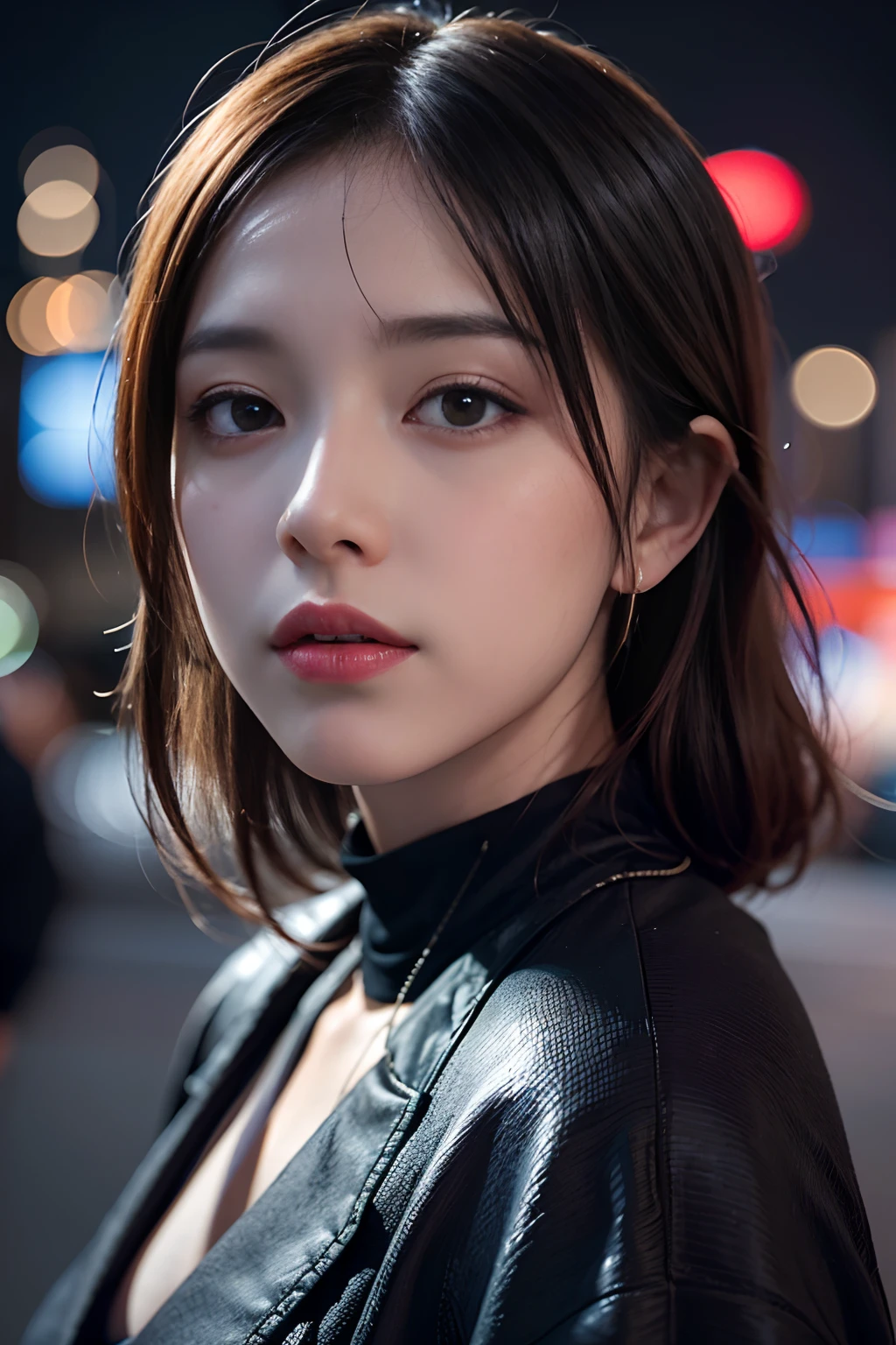 1girl, Tokyo street,night, cityscape,city lights, upper body,close-up, 8k, RAW photo, best quality, masterpiece,realistic, photo-realistic,