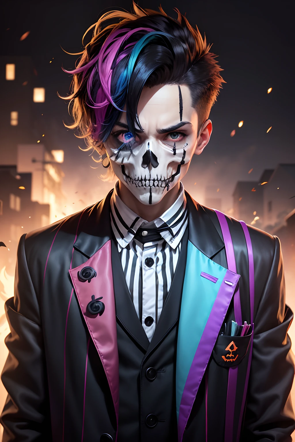 boy with skeleton face, halloween style, with tied messy attractive fadecut hair, rainbow curly hair, rainbow style jacket, looking sharp smart, cool bomb explosion background