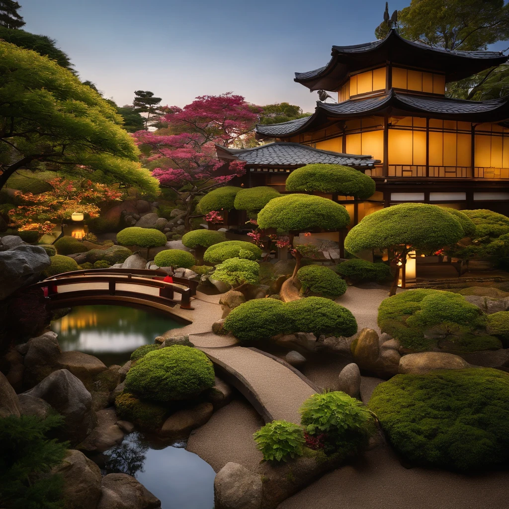 wallpaper hd，(((An exquisite Japanese garden：1.3))),lawns、bonsai、SakuraNS，(HD Real),，The screen is filled with golden sunlight，HD picture，1/3. Leave blank，Nikon SLR lenses，Shoot at medium distance，Soft lighting，Ultra high quality，tmasterpiece，电影灯光