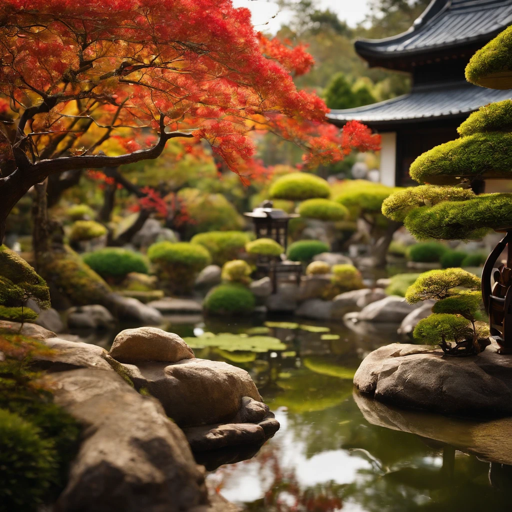 wallpaper hd,(((An exquisite Japanese garden:1.3))),lawns、bonsai、SakuraNS,(HD Real),,The screen is filled with golden sunlight,HD picture,1/3. Leave blank,Nikon SLR lenses,Shoot at medium distance,Soft lighting,Ultra high quality,tmasterpiece,电影灯光