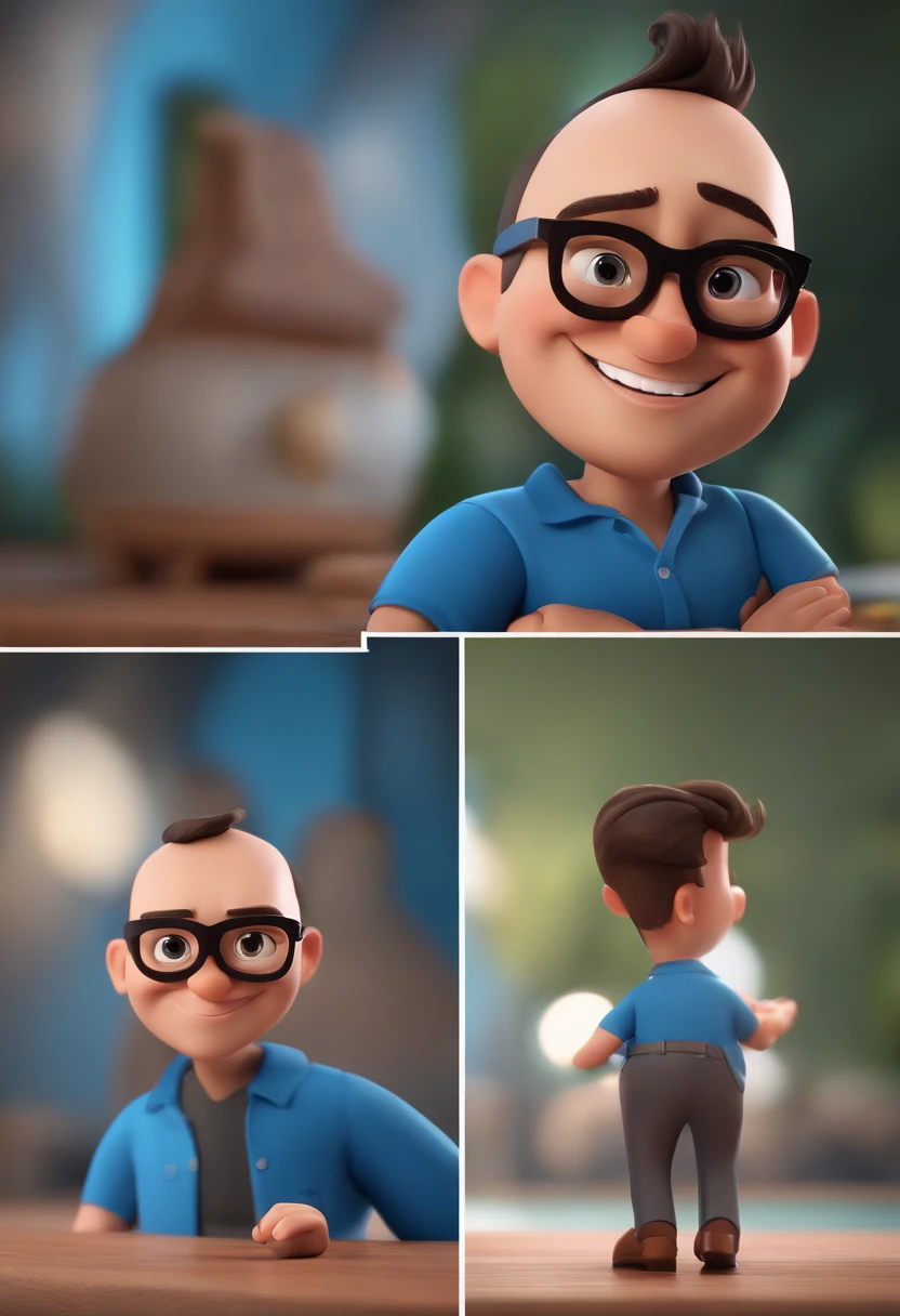 Cartoon character of a man with black glasses and a blue shirt, animation character, Caractere estilizado, animation style rendering, 3D estilizado, Arnold Maya render, 3 d render stylized, toon render keyshot, Personagem 3D, Personagem 3D, 3d rendering stylized, 3 d character render, personagem de desenho animado, Personagem de close up, Pose de personagem,  (Estilo Pixar) (master part:1.2) (Bokeh) (best quality) (pele detalhada) (textura detalhada) (8k) (argila) (Cinematic lighting) (foco nítido