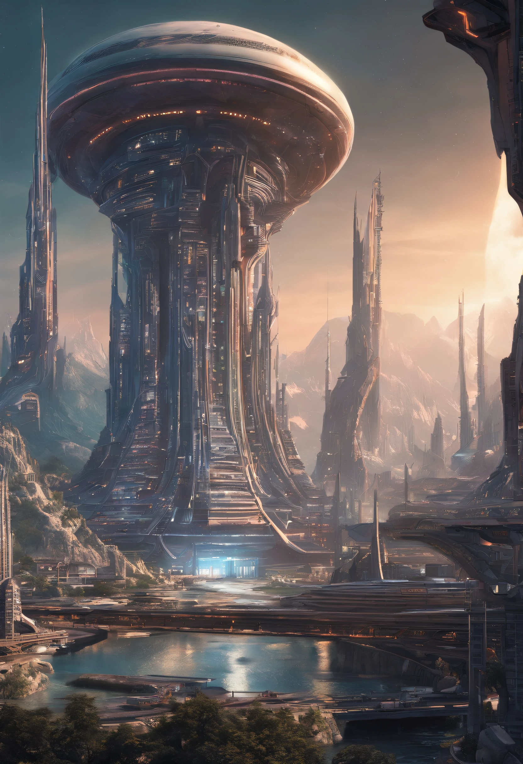futuristic city, fantasy, 23rd century, England, mountains