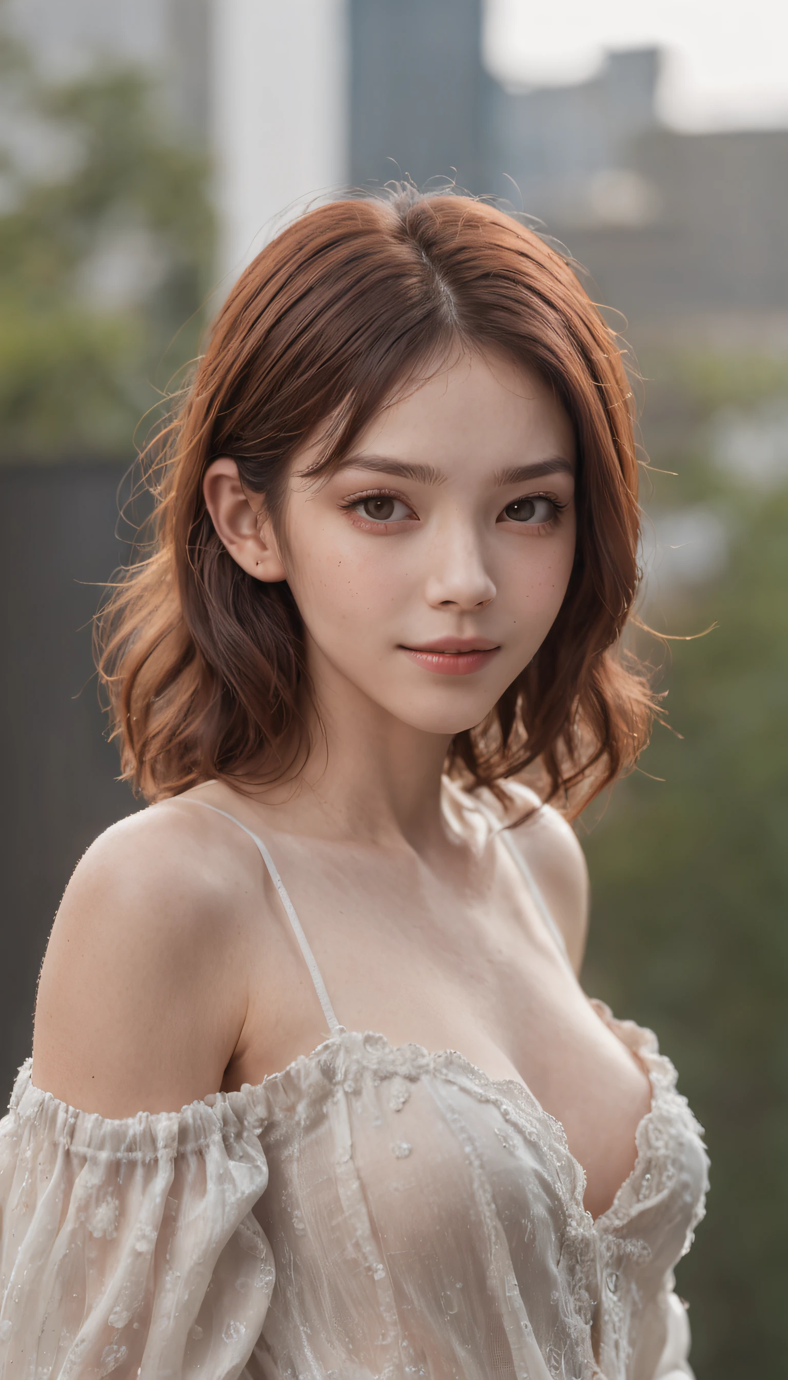 (solo), (a detailed full body RAW photo of a girl), (masterpiece), (best quality), (ultra highres), (photorealistic), 8k resolution, Canon EOS R5, 50mm, absurdres, ultra detailed, (18yo), sharp focus, cinematic lighting, detailed beautiful face, (makeup), (ulzzang-6500-v1.1), petite figure, detailed skin texture, pale skin, flat chest, (skinny and fit body), thigh gap, detailed short brown hair, (very messy hair), smiling, (naked), realistic glistening skin, (cameltoe), (sweating), slim waist, seductive smile, solo