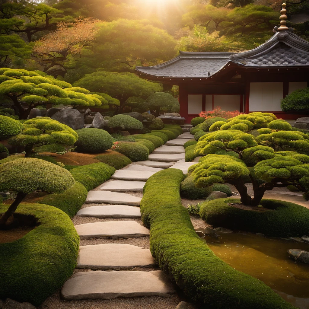 wallpaper hd,(((An exquisite Japanese garden:1.3))),Large lawn、A bonsai、A stone path,(HD Real),,The screen is filled with golden sunlight,HD picture,1/3. Leave blank,Nikon SLR lenses,Shoot at medium distance,Soft lighting,Ultra high quality,tmasterpiece,电影灯光