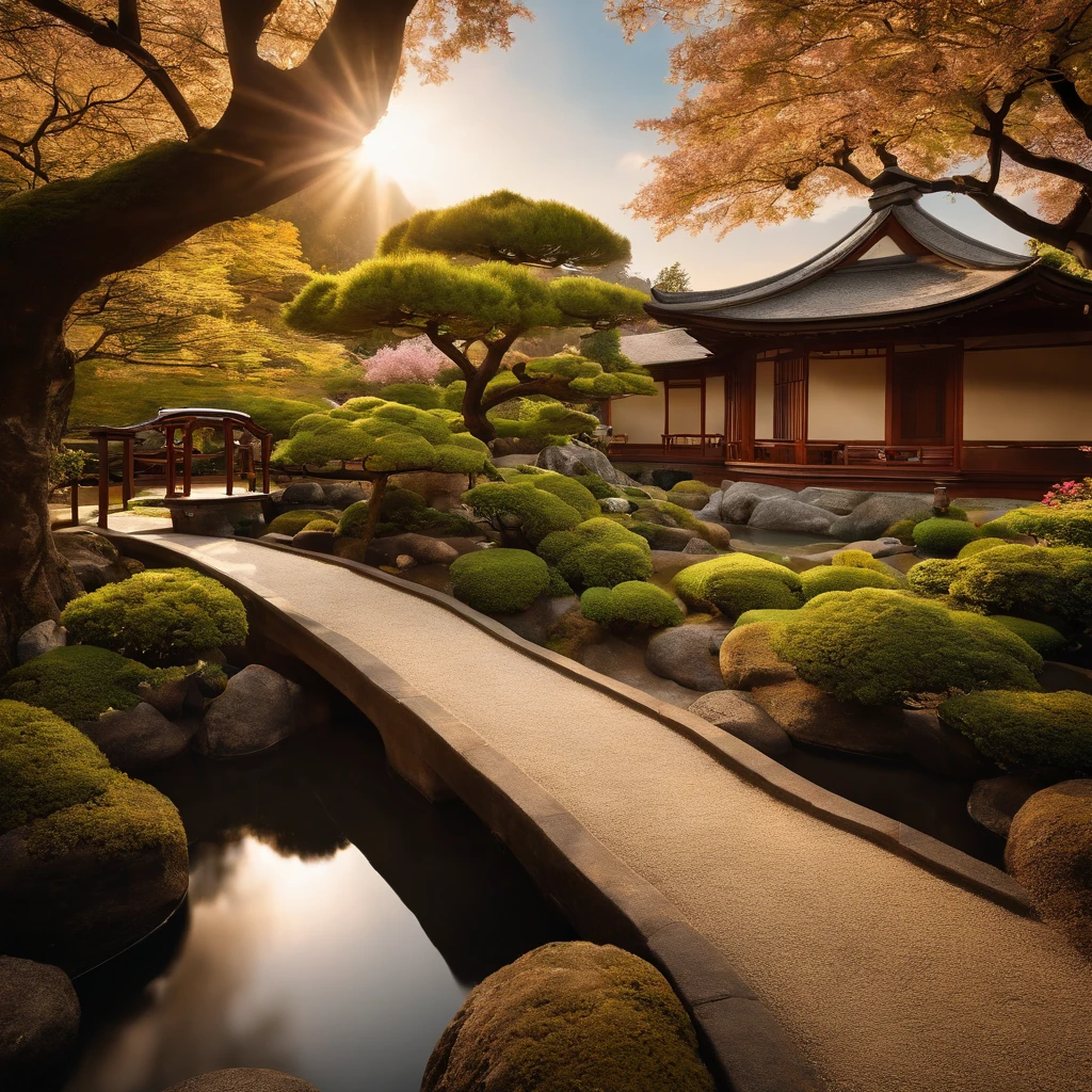 wallpaper hd,(((An exquisite Japanese garden:1.3))),Large lawn、A bonsai、A stone path,(HD Real),,The screen is filled with golden sunlight,HD picture,1/3. Leave blank,Nikon SLR lenses,Shoot at medium distance,Soft lighting,Ultra high quality,tmasterpiece,电影灯光