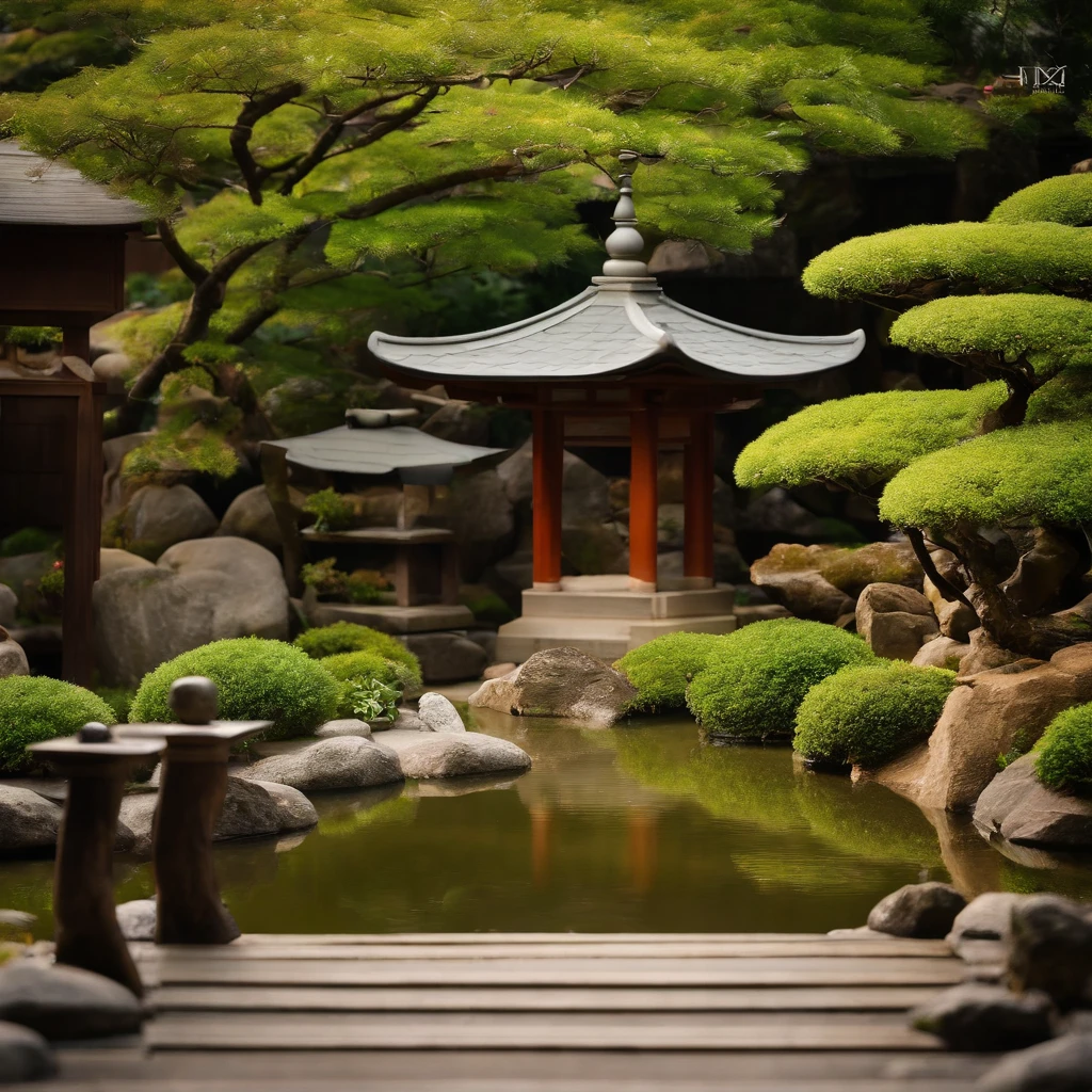 wallpaper hd，(((An exquisite Japanese garden：1.3))),Large lawn、A bonsai、A stone path，(HD Real),，The screen is filled with golden sunlight，HD picture，1/3. Leave blank，Nikon SLR lenses，Shoot at medium distance，Soft lighting，Ultra high quality，tmasterpiece，电影灯光