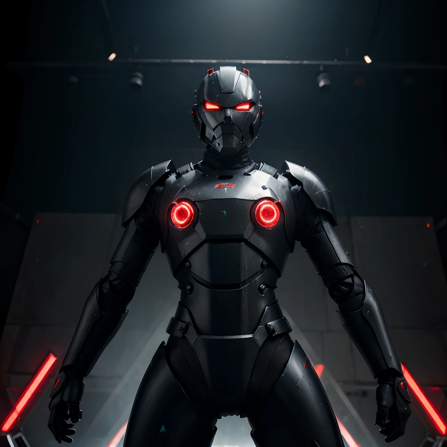 in high quality, ultra-detailliert, realisti, Portrait of a killer robot with a shiny metal body, Red LED Eyes, Clad in black battle armor. He stands in an attacking pose, His hands turned into sharp blades. The stage is lit by a cold light, artstyle, Vivid colors, bokeh effect.