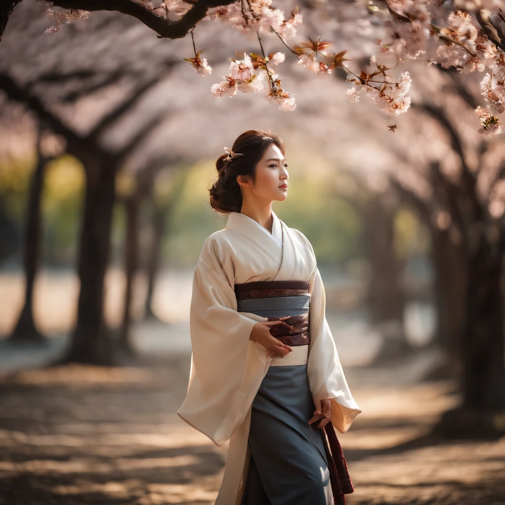 wallpaper hd，(((A stunning Japanese female model：1.3))),White kimono，((High-definition real expressions)),Stand under a cherry blossom tree in full bloom，slimfigure，The screen is filled with golden sunlight，HD picture，1/3. Leave blank，Nikon SLR lenses，Shoot at medium distance，Soft lighting，Ultra high quality，tmasterpiece，电影灯光