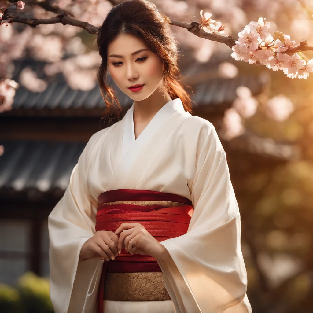 wallpaper hd,(((A stunning Japanese female model:1.3))),White kimono,((High-definition real expressions)),Stand under a cherry blossom tree in full bloom,slimfigure,The screen is filled with golden sunlight,HD picture,1/3. Leave blank,Nikon SLR lenses,Shoot at medium distance,Soft lighting,Ultra high quality,tmasterpiece,电影灯光